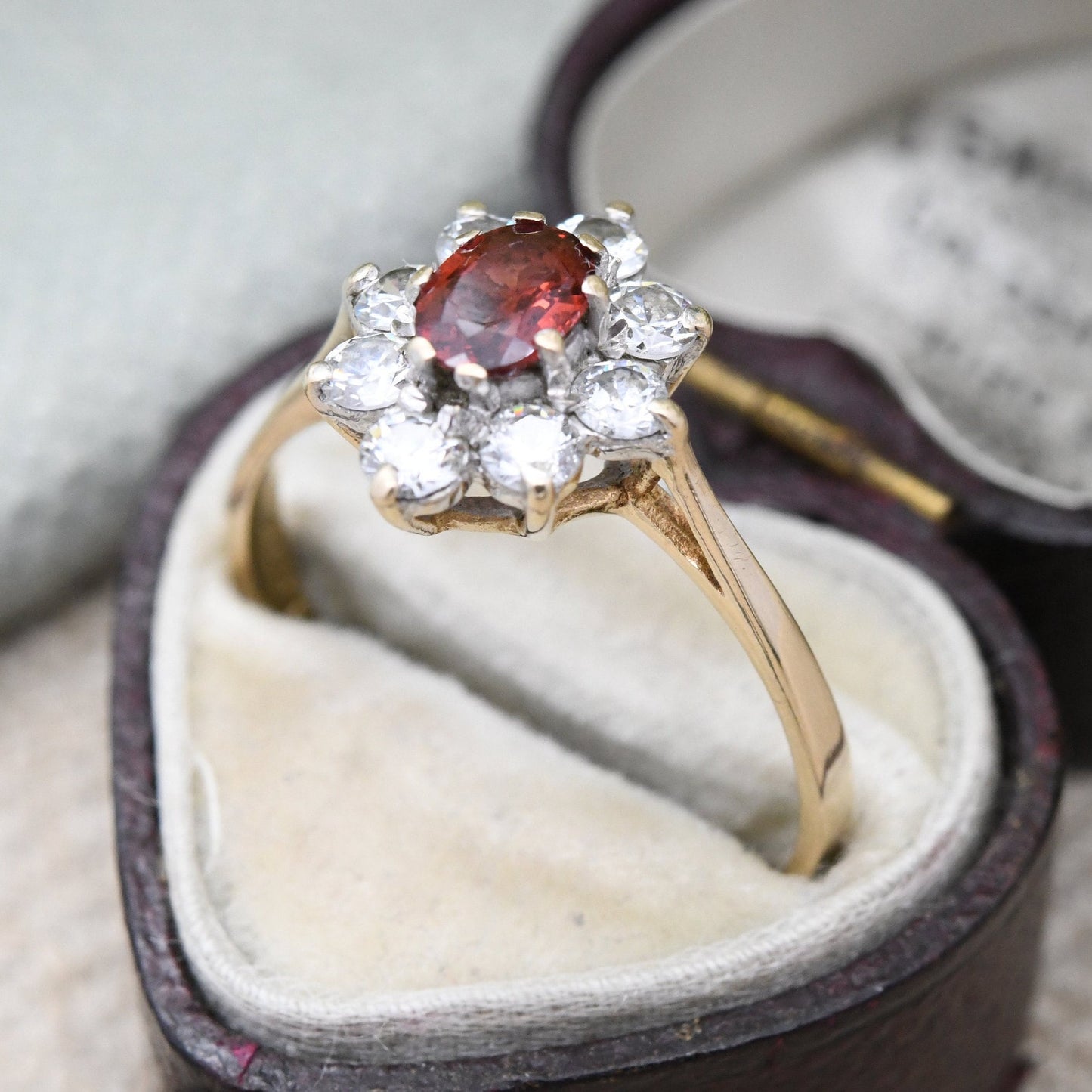 Vintage 9ct Gold Garnet Flower Ring 1984 with Clear Stone Halo - UK Size - S 1/2 | US Size - 9 1/4