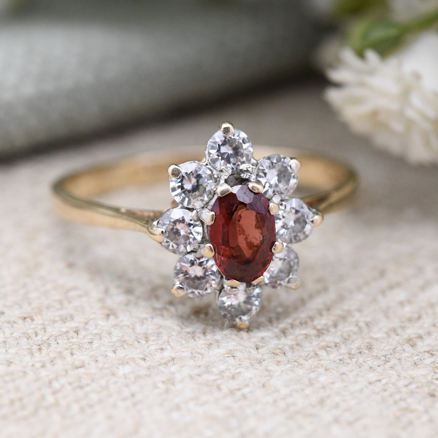 Vintage 9ct Gold Garnet Flower Ring 1984 with Clear Stone Halo - UK Size - S 1/2 | US Size - 9 1/4