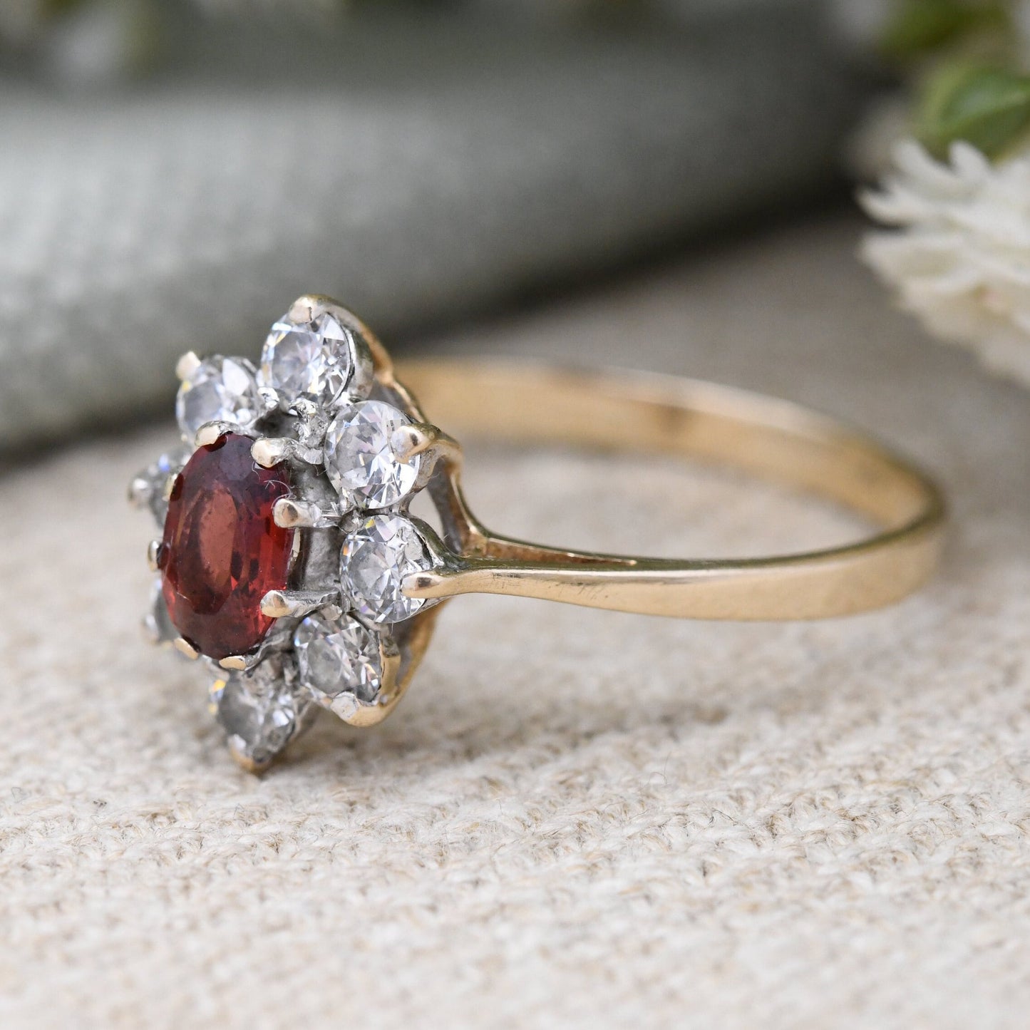 Vintage 9ct Gold Garnet Flower Ring 1984 with Clear Stone Halo - UK Size - S 1/2 | US Size - 9 1/4