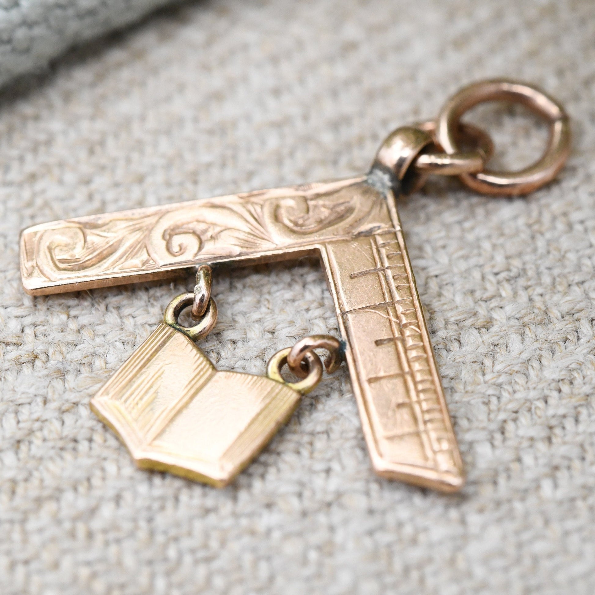 Antique 9ct Gold Masonic Square and Book Pendant by William Adams - Articulated Rose Gold Fob Edwardian