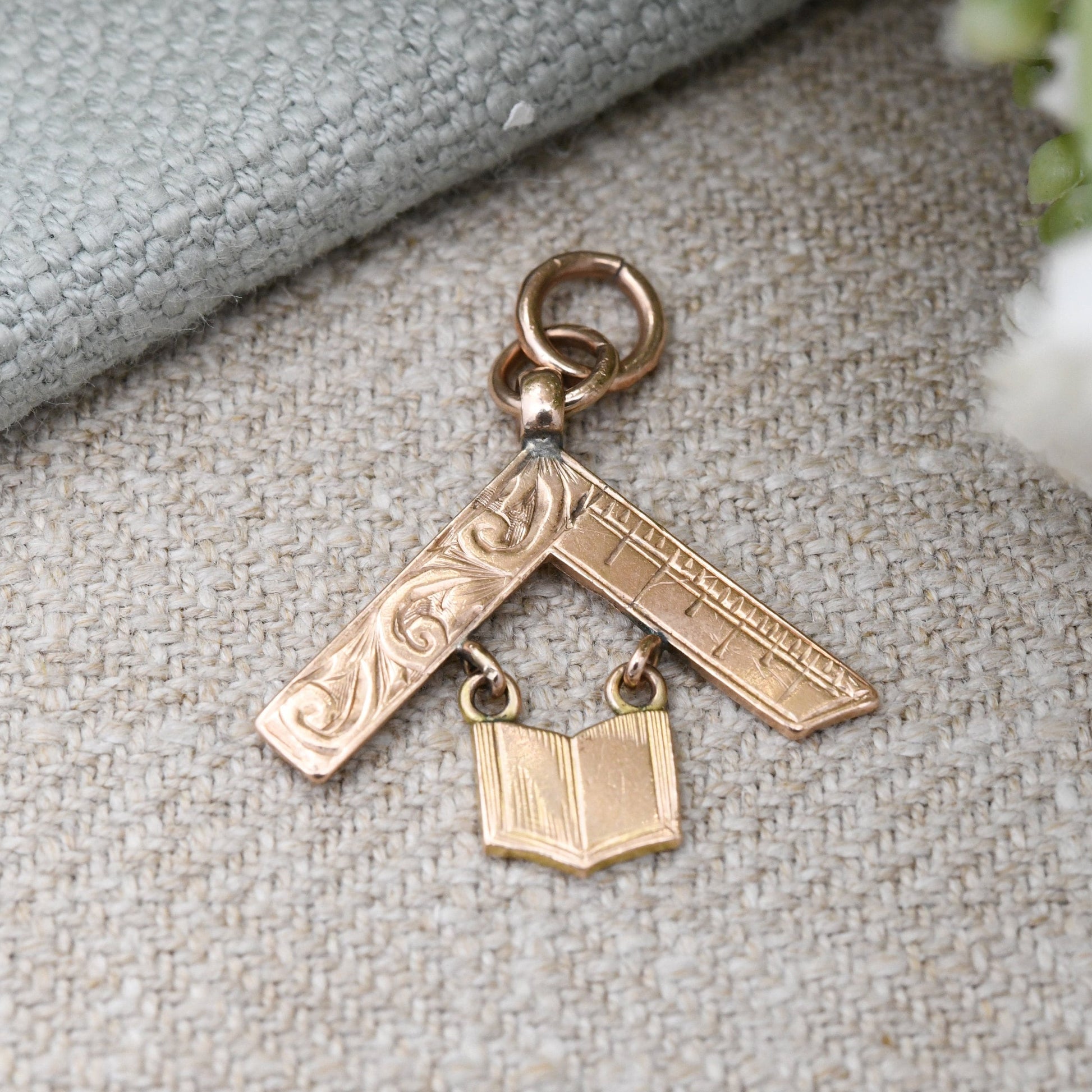 Antique 9ct Gold Masonic Square and Book Pendant by William Adams - Articulated Rose Gold Fob Edwardian