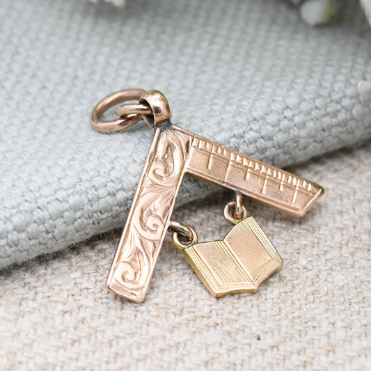 Antique 9ct Gold Masonic Square and Book Pendant by William Adams - Articulated Rose Gold Fob Edwardian