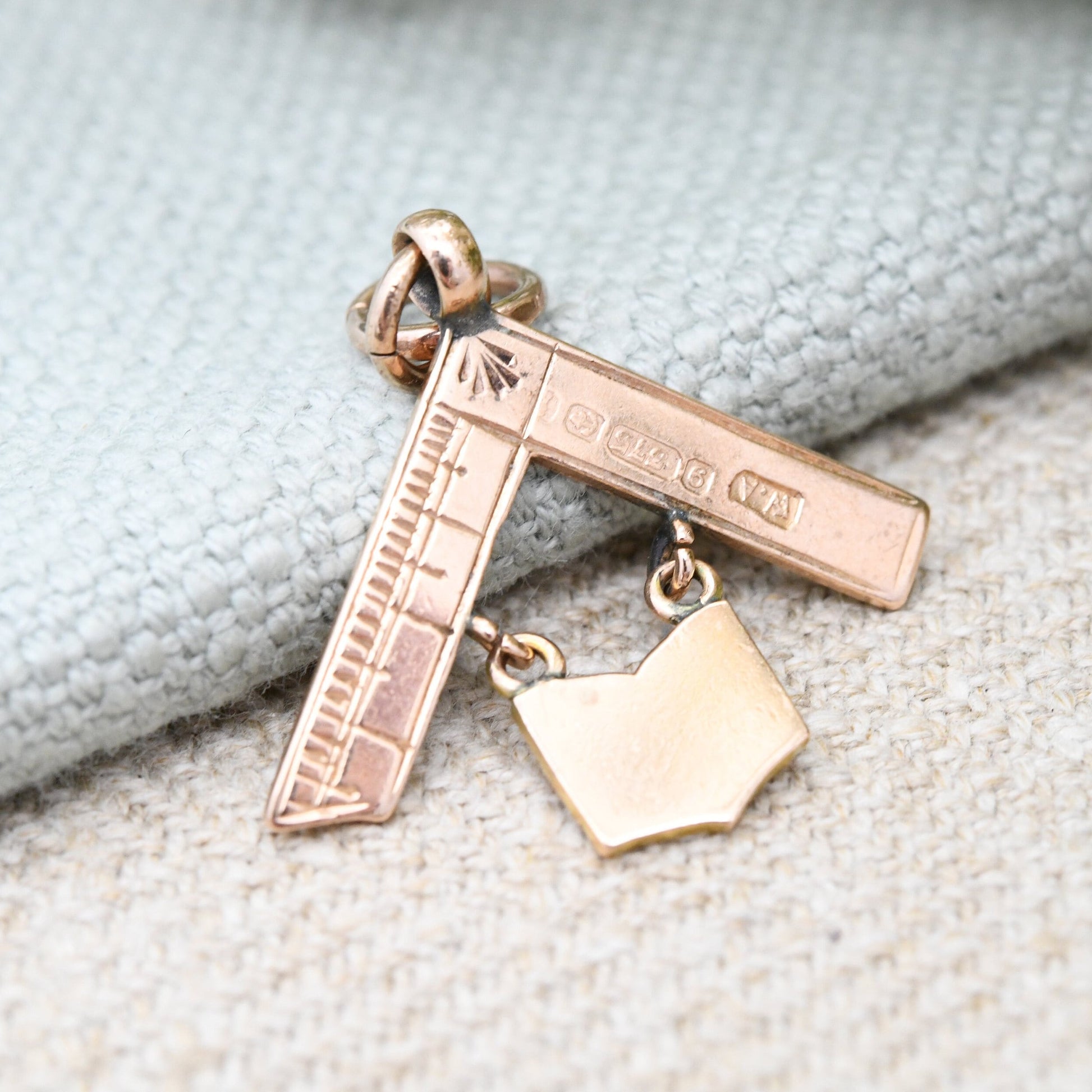 Antique 9ct Gold Masonic Square and Book Pendant by William Adams - Articulated Rose Gold Fob Edwardian