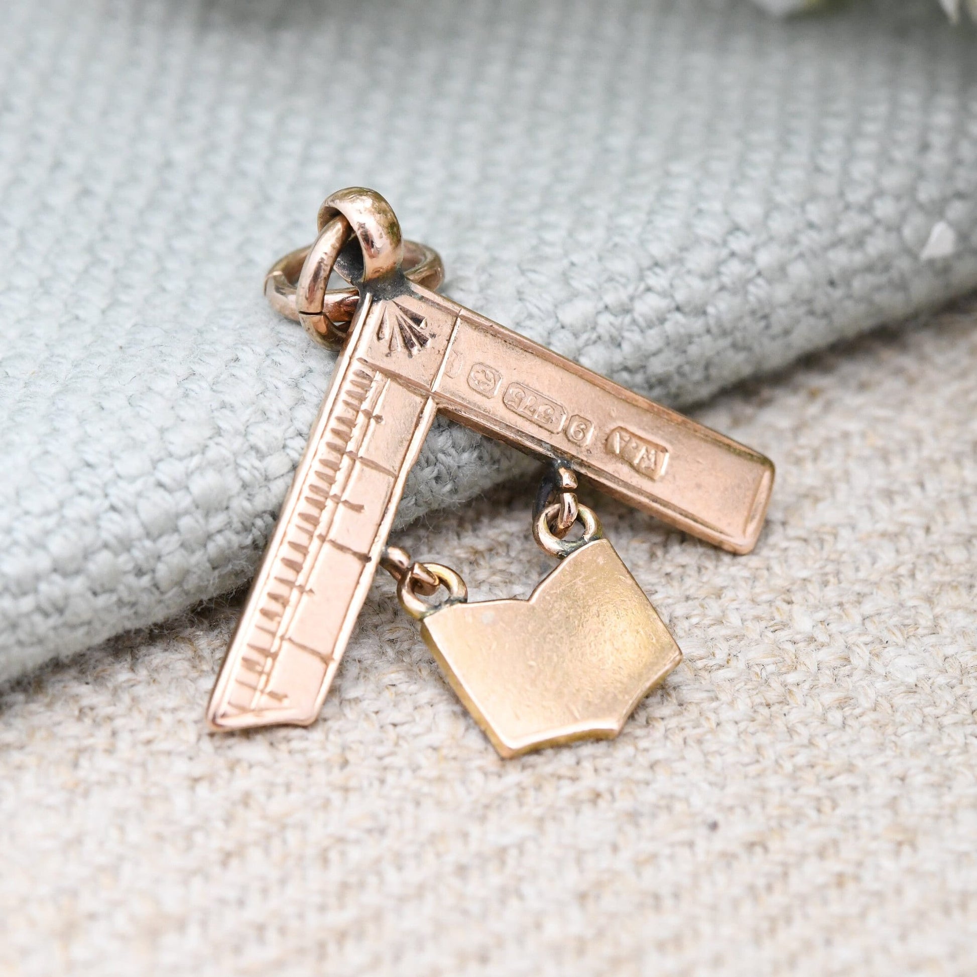 Antique 9ct Gold Masonic Square and Book Pendant by William Adams - Articulated Rose Gold Fob Edwardian