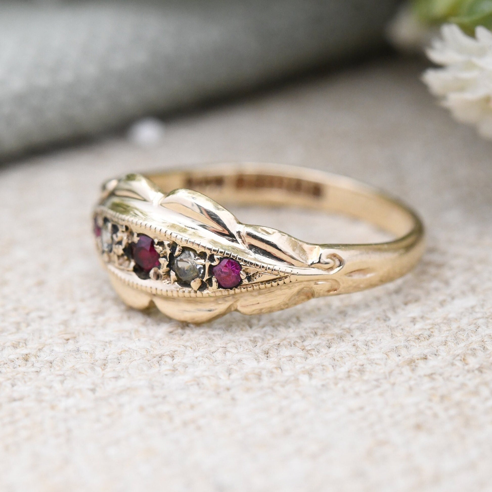 Vintage 9ct Gold Ruby Boat Ring 1970 - Five Stone Antique Style Band | Victorian Revival | UK Size - N 1/2 | US Size - 7