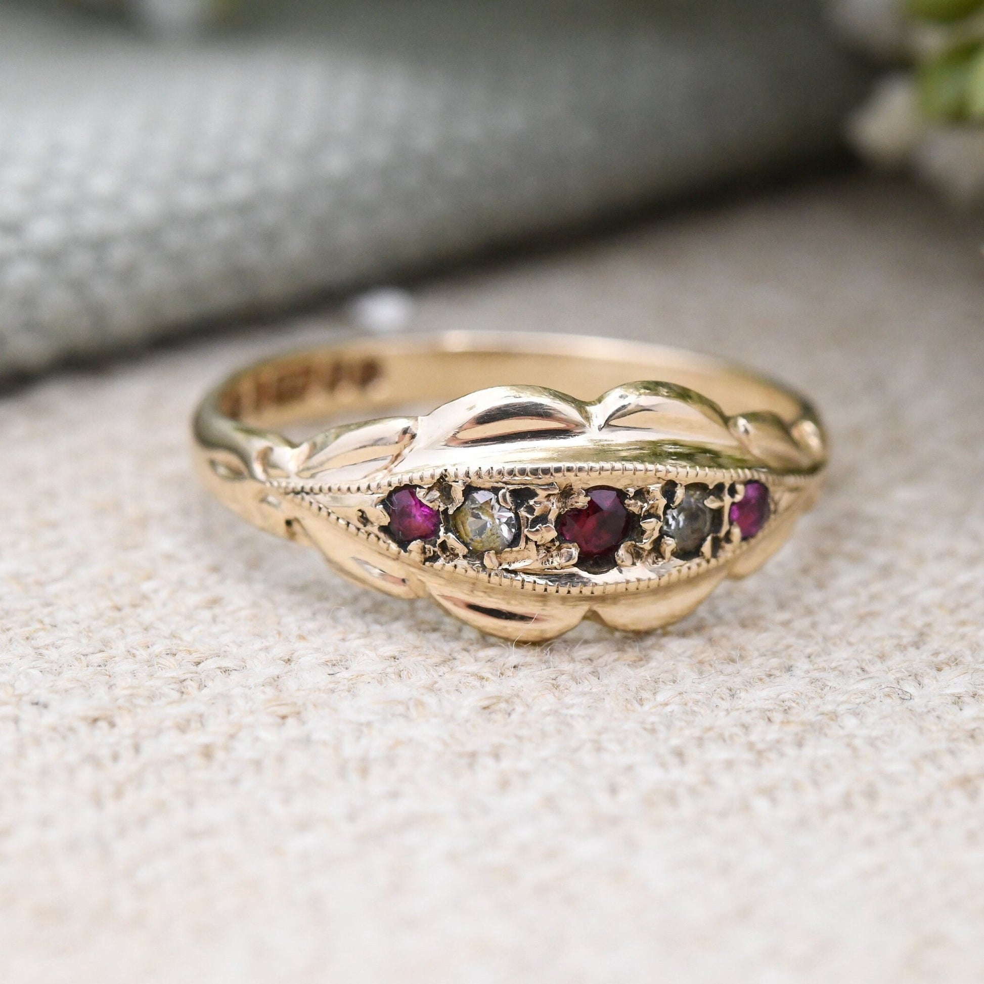 Vintage 9ct Gold Ruby Boat Ring 1970 - Five Stone Antique Style Band | Victorian Revival | UK Size - N 1/2 | US Size - 7