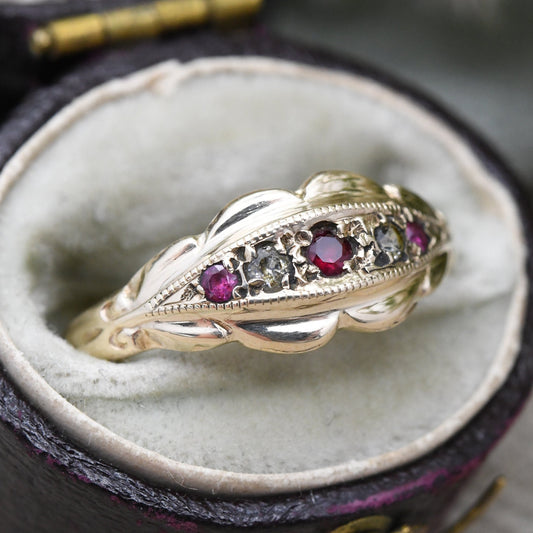 Vintage 9ct Gold Ruby Boat Ring 1970 - Five Stone Antique Style Band | Victorian Revival | UK Size - N 1/2 | US Size - 7