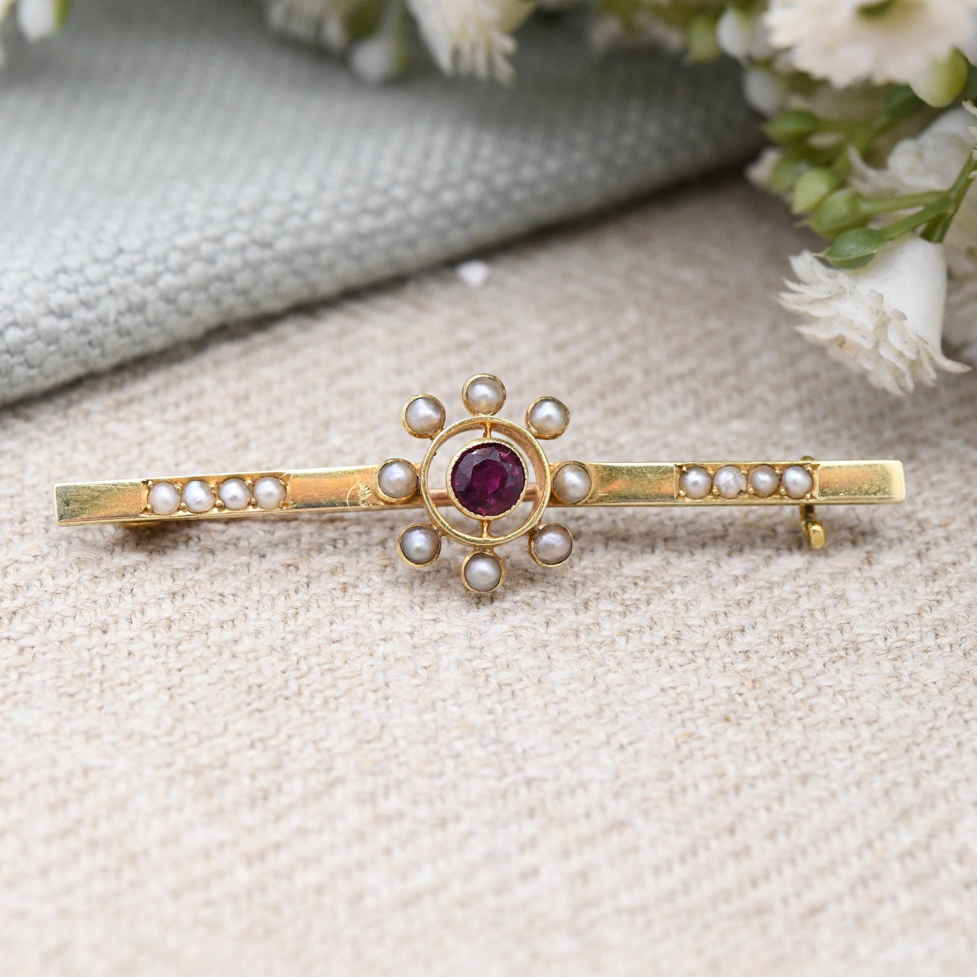 Antique 15ct Gold Ruby and Pearl Brooch - Flower Star Shaped | White and Red Stones | Edwardian Bar Brooch