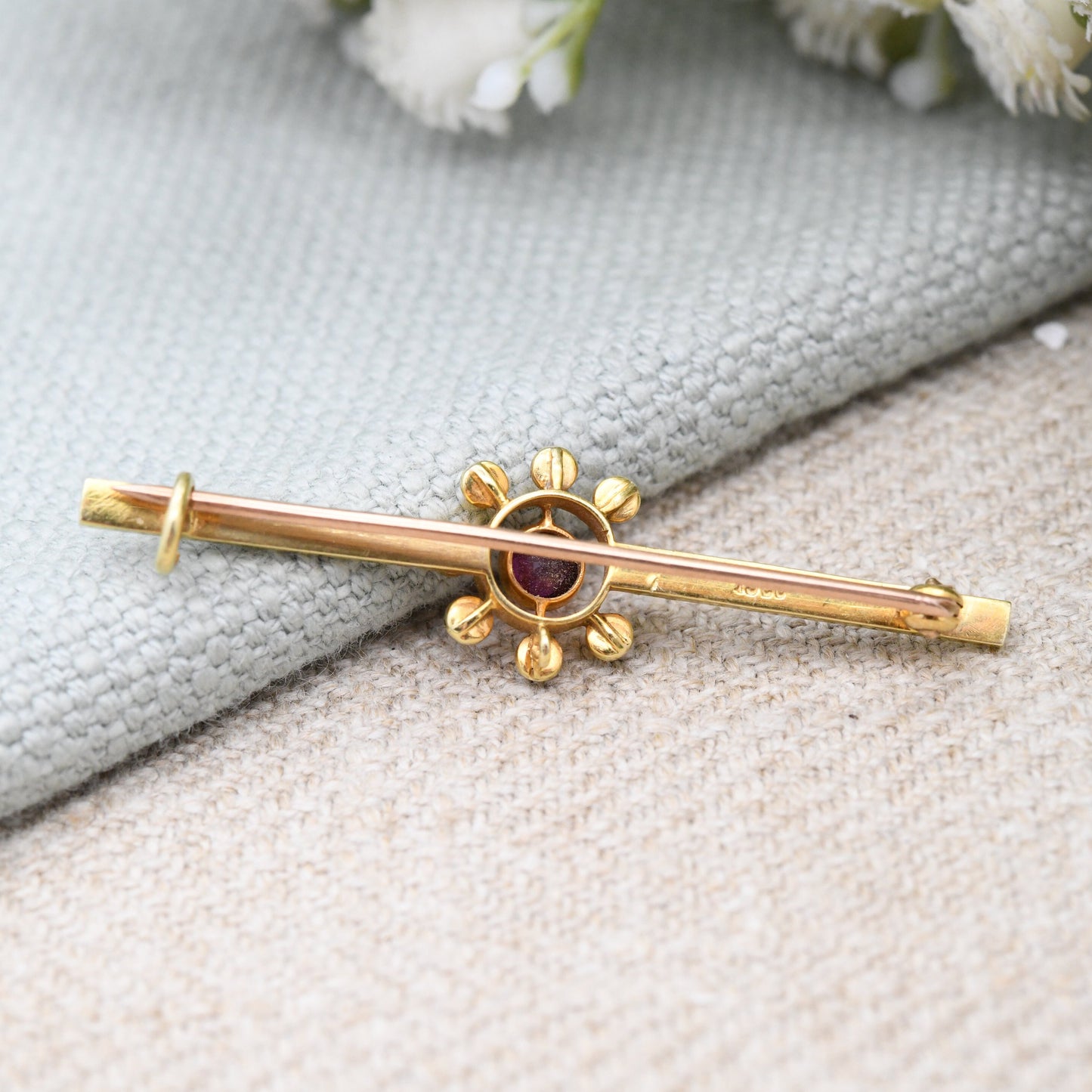 Antique 15ct Gold Ruby and Pearl Brooch - Flower Star Shaped | White and Red Stones | Edwardian Bar Brooch