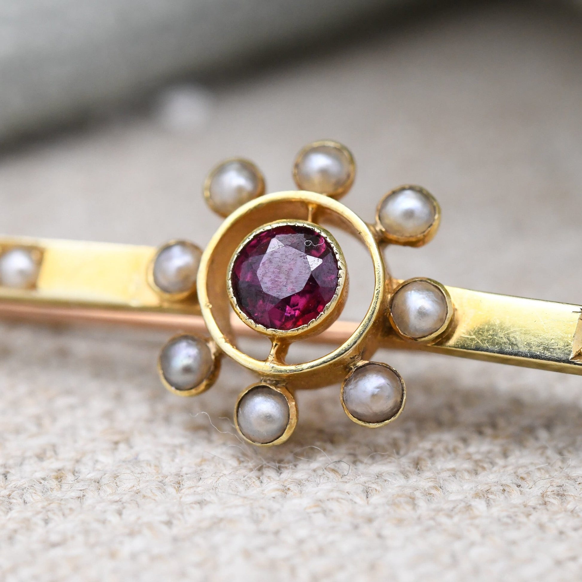 Antique 15ct Gold Ruby and Pearl Brooch - Flower Star Shaped | White and Red Stones | Edwardian Bar Brooch