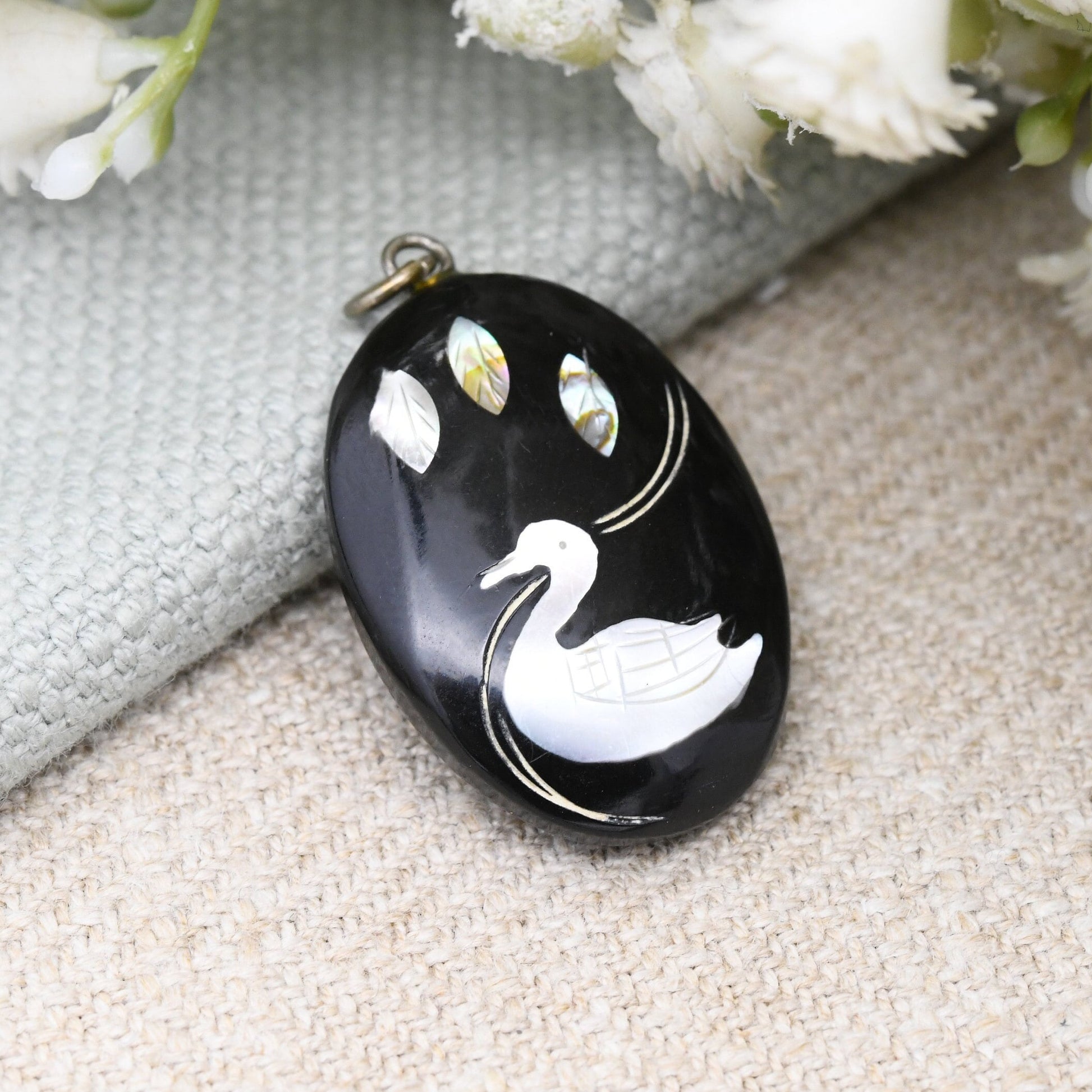 Vintage Mother of Pearl Duck Pendant - Carved Shell Leaves