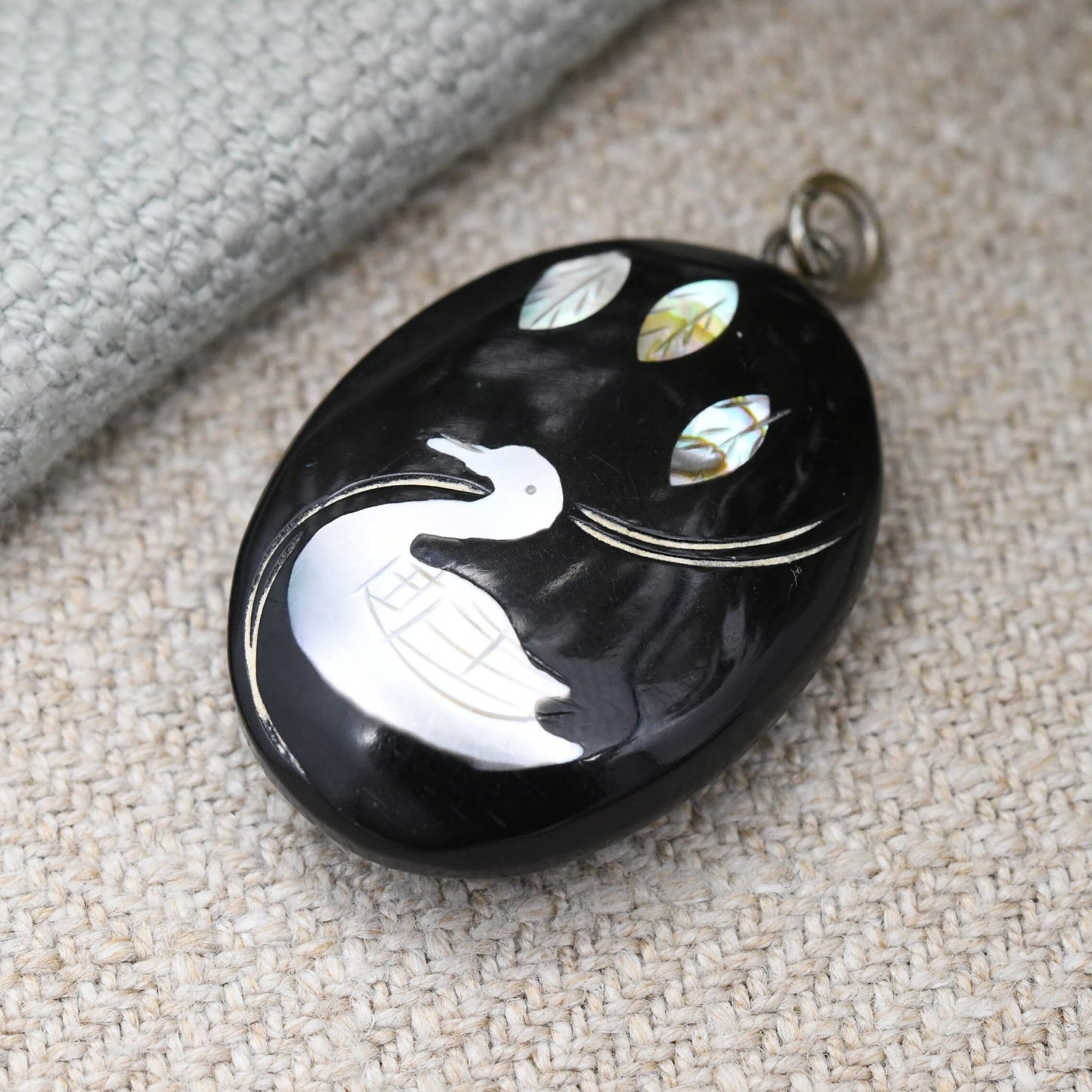 Vintage Mother of Pearl Duck Pendant - Carved Shell Leaves