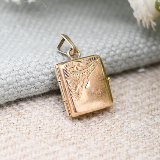 Vintage 9ct Gold Locket Pendant with Engraved Scrolling Design - Miniature Photo Frame Keepsake Charm Necklace