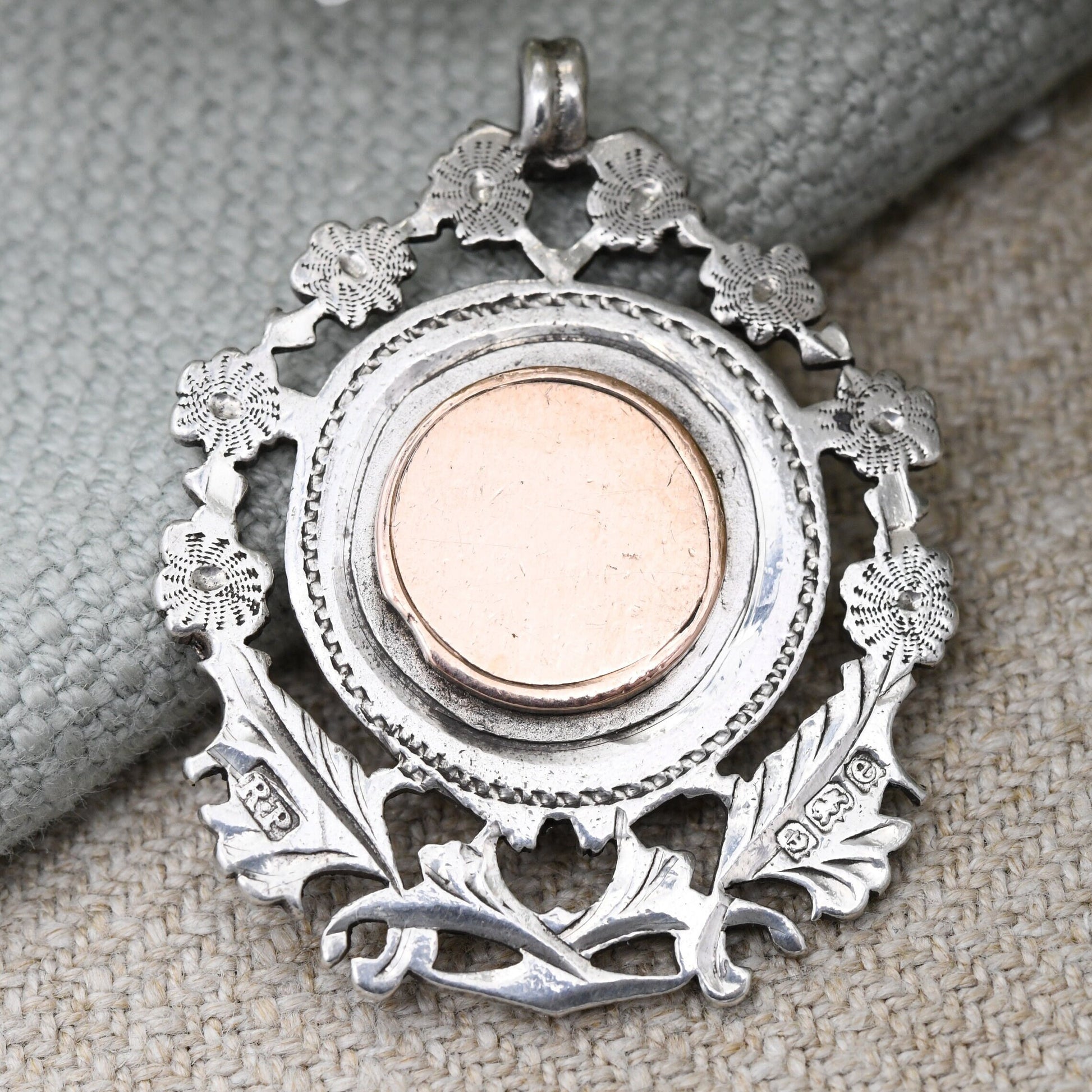 Antique Sterling Silver and Rose Gold Watch Fob 1904 by Robert Pringle - Edwardian Flowers Aesthetic Movement