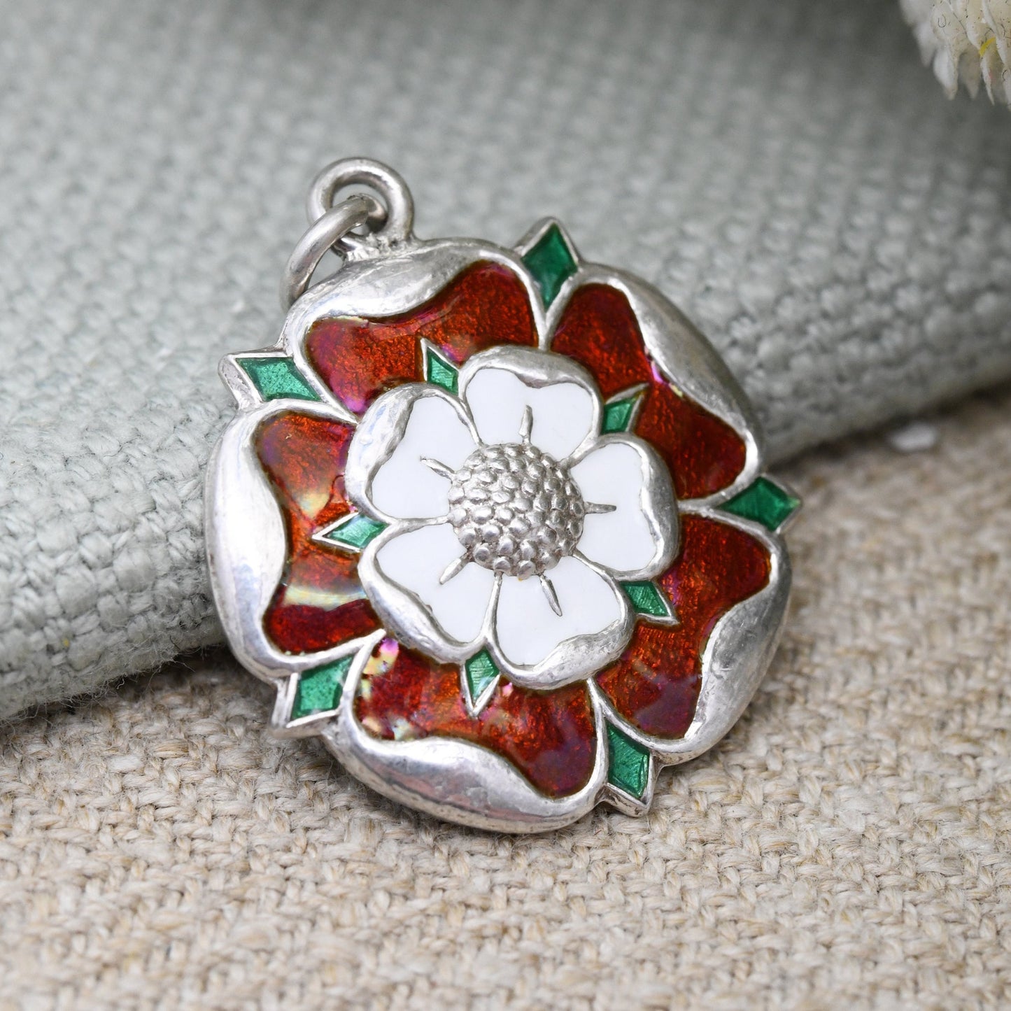 Vintage Sterling Silver Tudor Rose Enamel Pendant 1986 by Deakin and Francis - England Red and White Rose | Oversized Charm | D&F