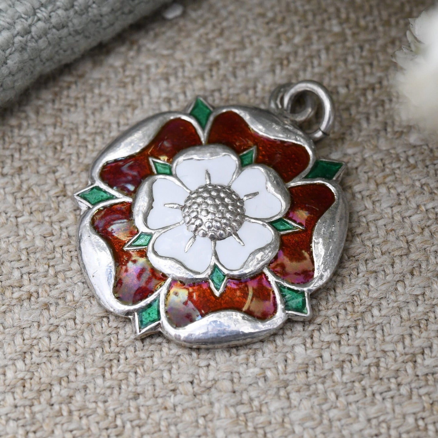 Vintage Sterling Silver Tudor Rose Enamel Pendant 1986 by Deakin and Francis - England Red and White Rose | Oversized Charm | D&F