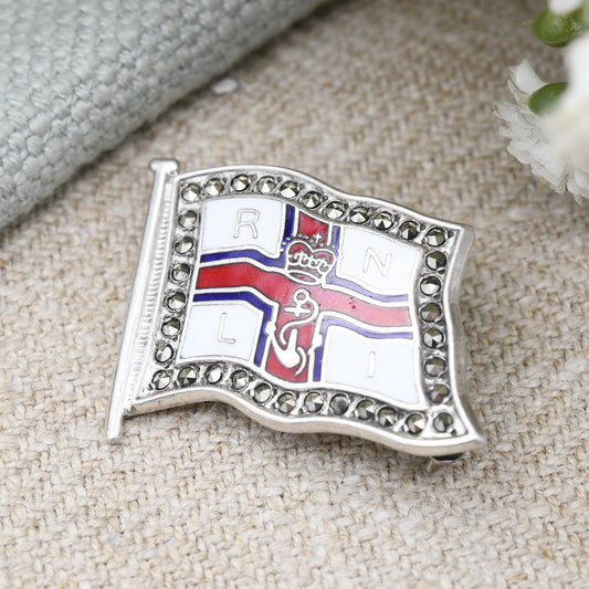 Vintage Sterling Silver RNLI Flag Brooch with Enamel and Marcasite - Royal National Lifeboat Institution UK | British Collectable