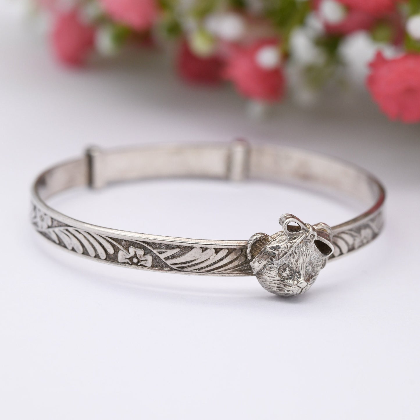 Vintage Sterling Silver Baby Bangle Bracelet with Teddy Bear Face - Expanding Child Bangle | Flower and Leaf Pattern