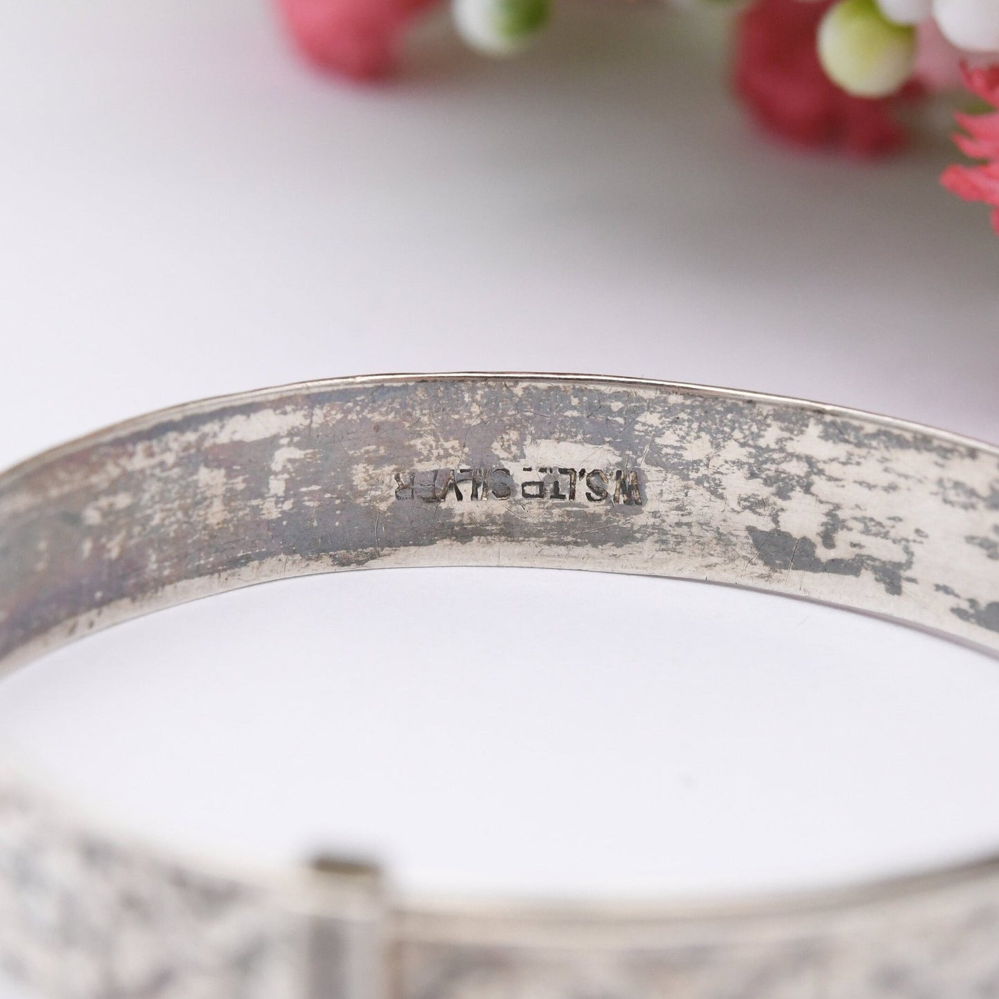 Vintage Sterling Silver Baby Bangle Bracelet - Expanding Child Bangle | Flower Design | Wide Band