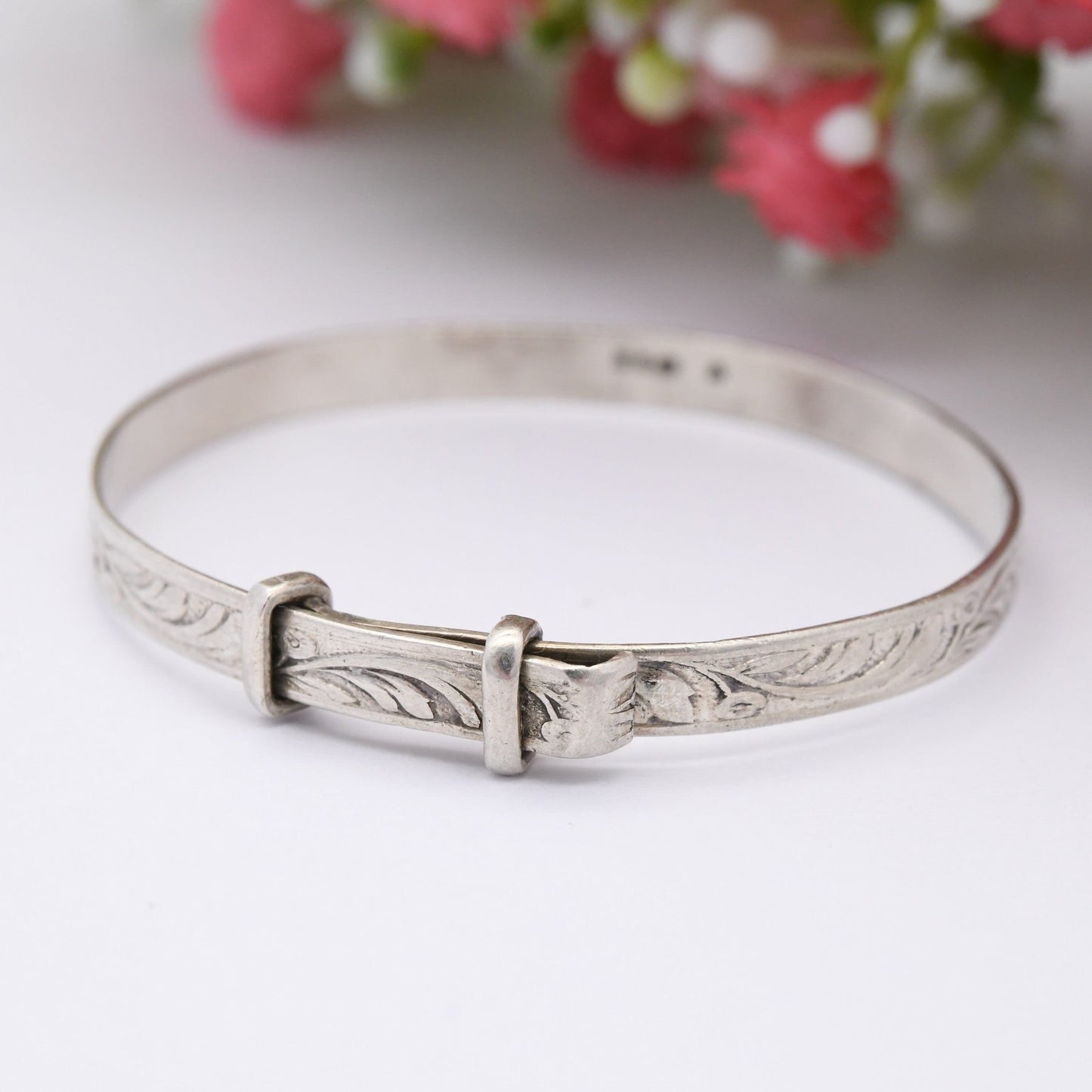 Vintage Sterling Silver Baby Bangle Bracelet 1979 - Expanding Child Bangle | Floral Leaf Design