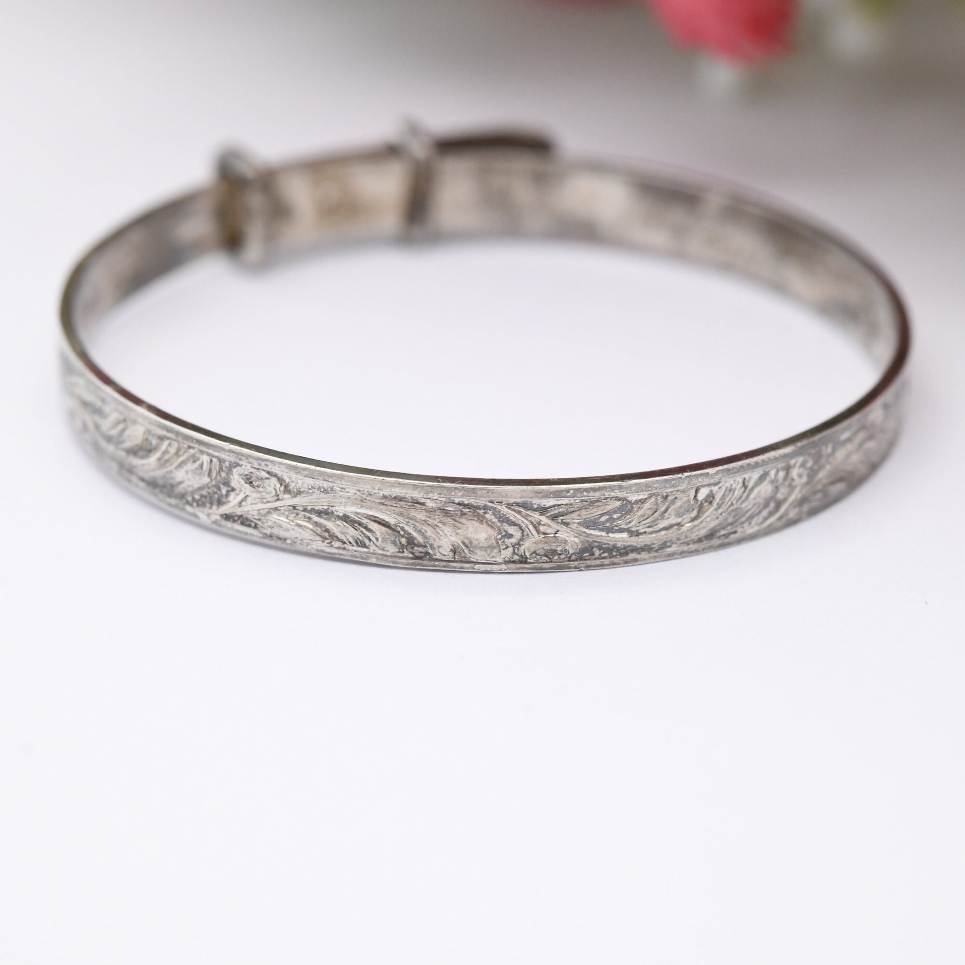 Vintage Sterling Silver Baby Bangle Bracelet - Expanding Child Bangle | Flower Design | Wide Band