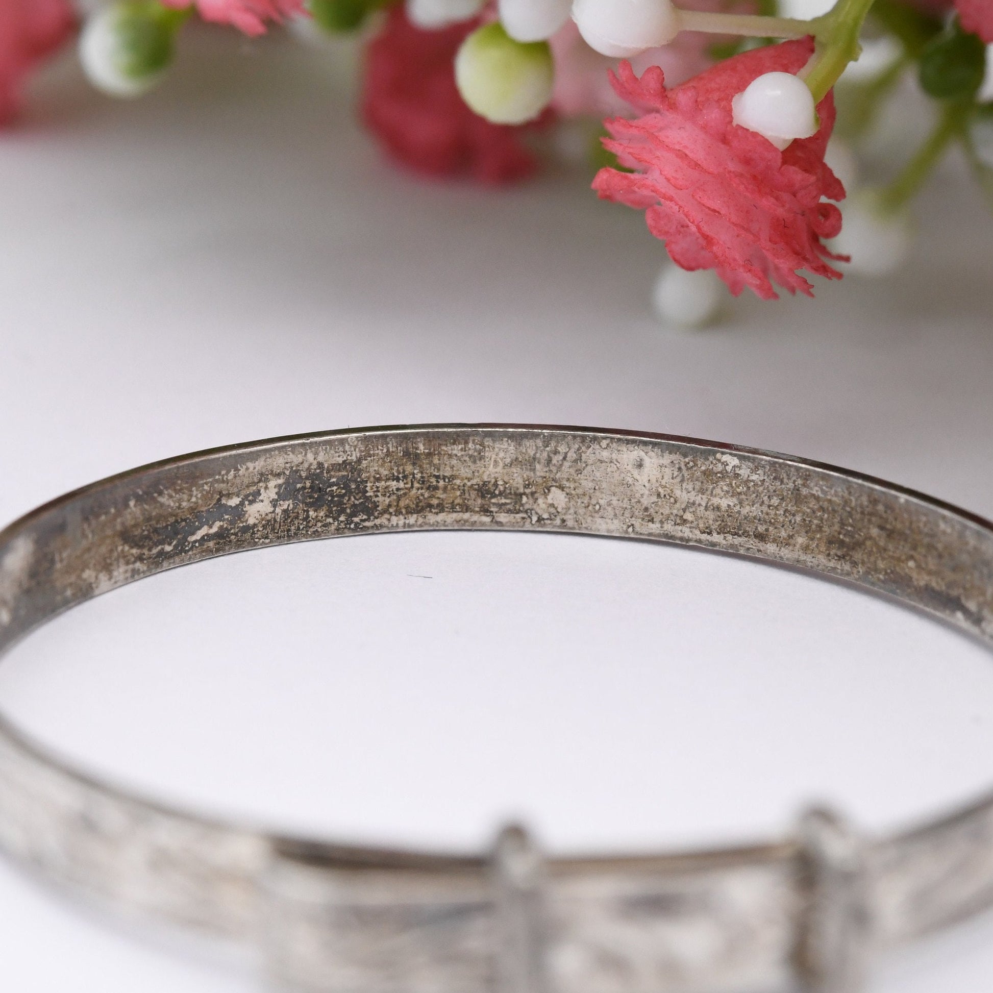 Vintage Sterling Silver Baby Bangle Bracelet - Expanding Child Bangle | Flower Design | Wide Band