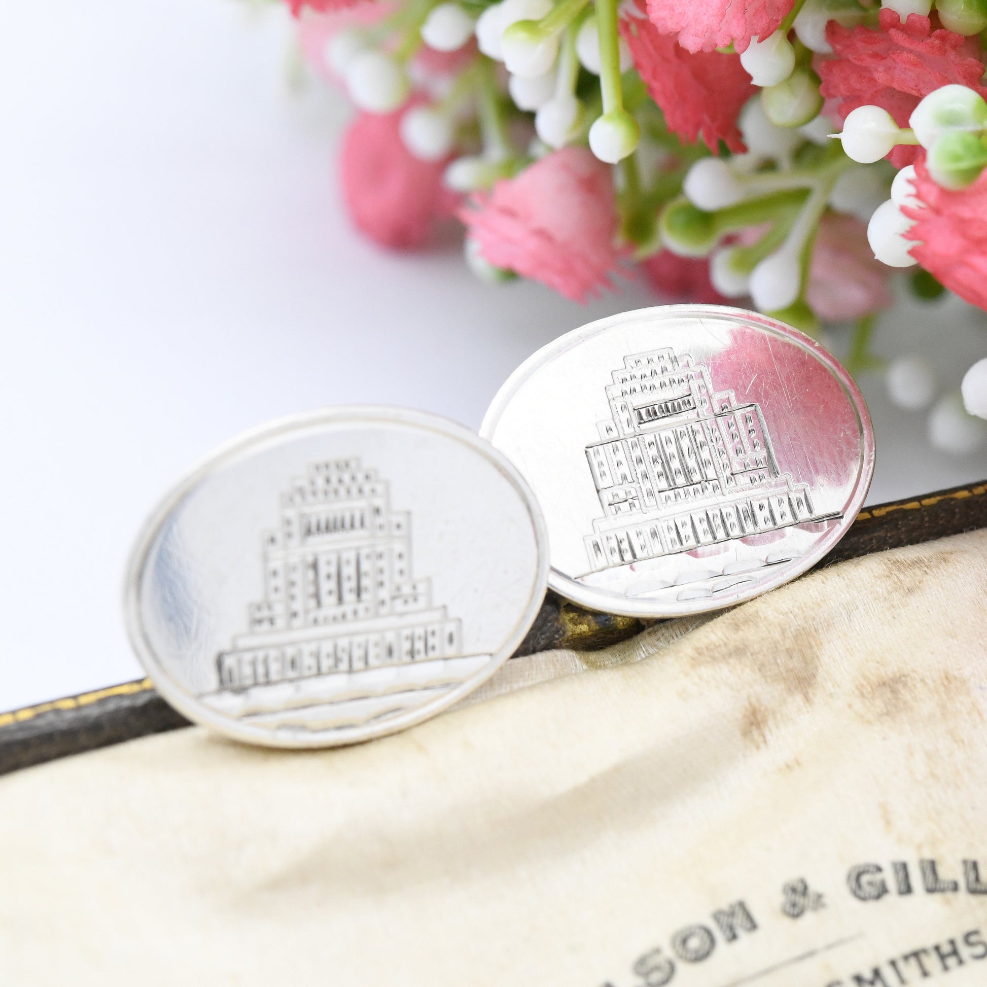 Vintage Sterling Silver Cufflinks 1969 by S J Rose - With Architectural Building | Mid-Century Silver Jewellery