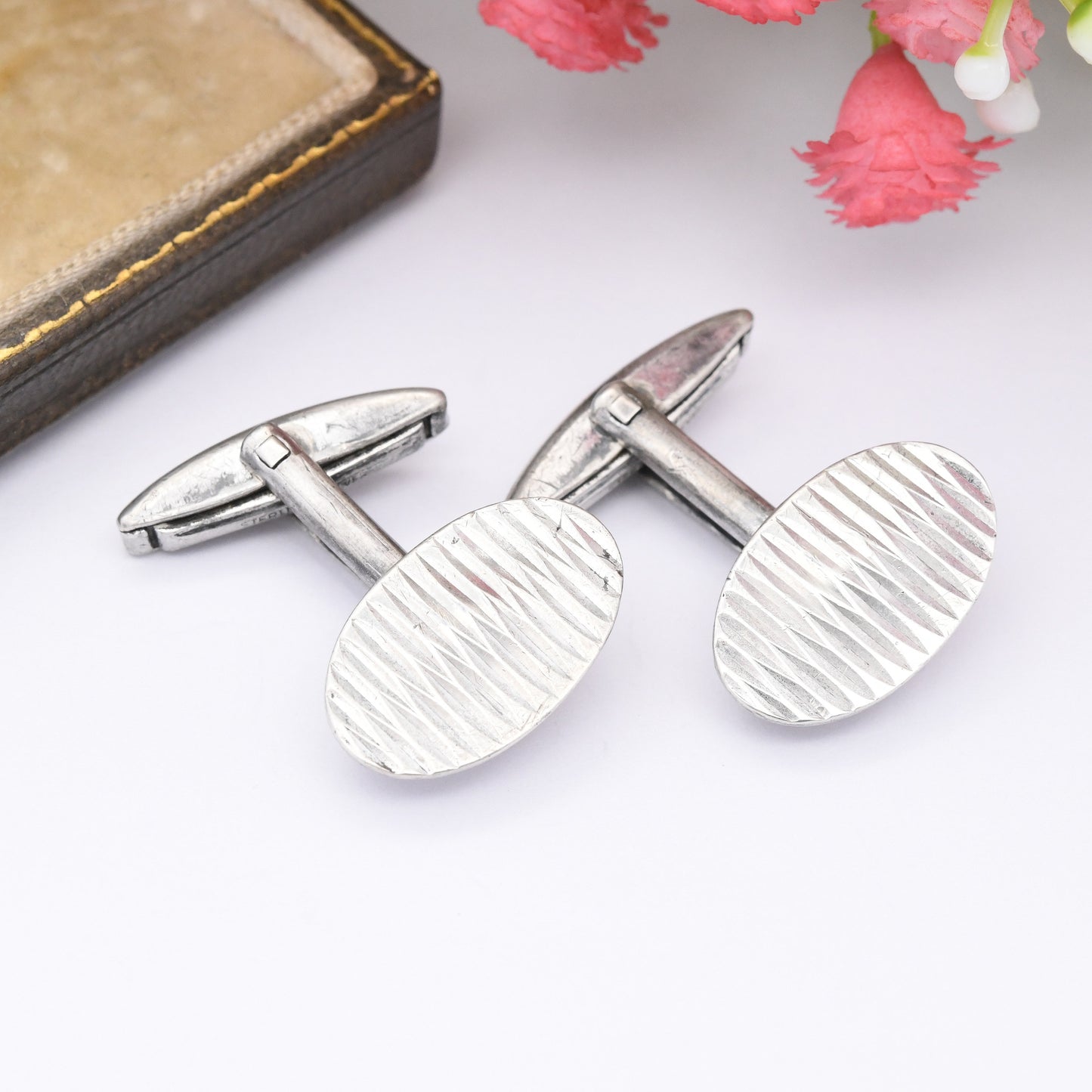 Vintage Sterling Silver Cufflinks 1964 by John Ashford & Son - Mid-Century Textured Silver | Diamond Cut Lines