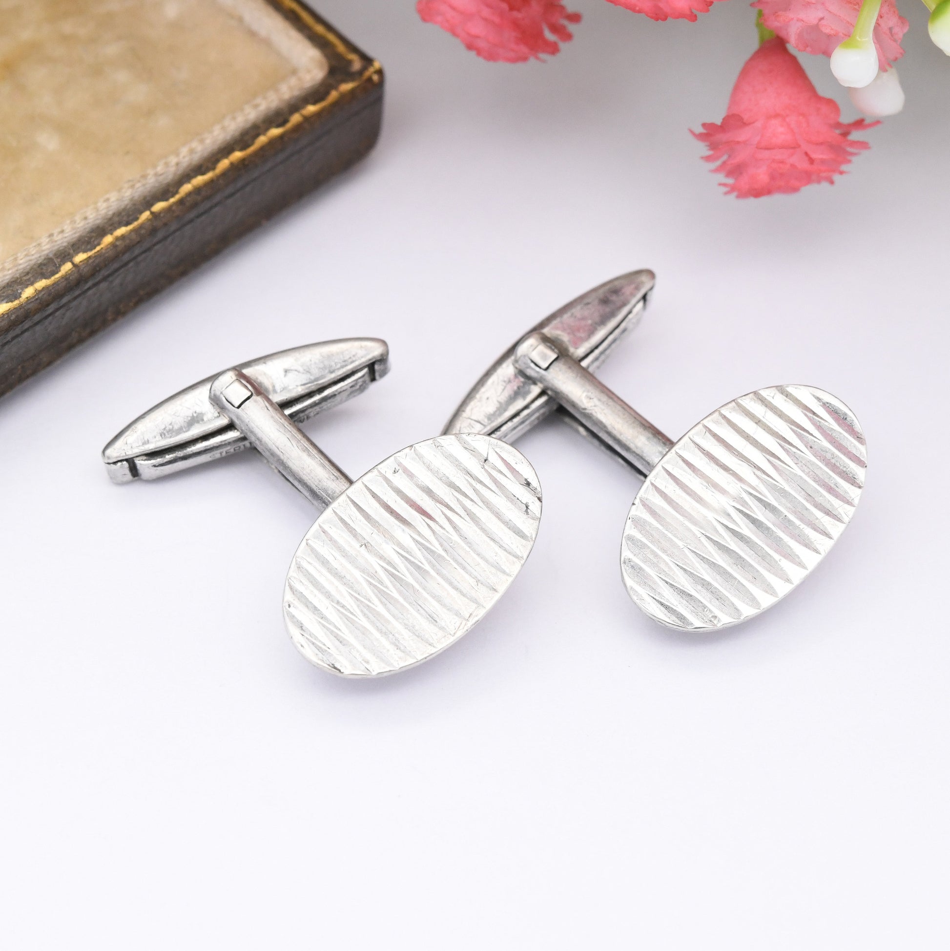 Vintage Sterling Silver Cufflinks 1964 by John Ashford & Son - Mid-Century Textured Silver | Diamond Cut Lines