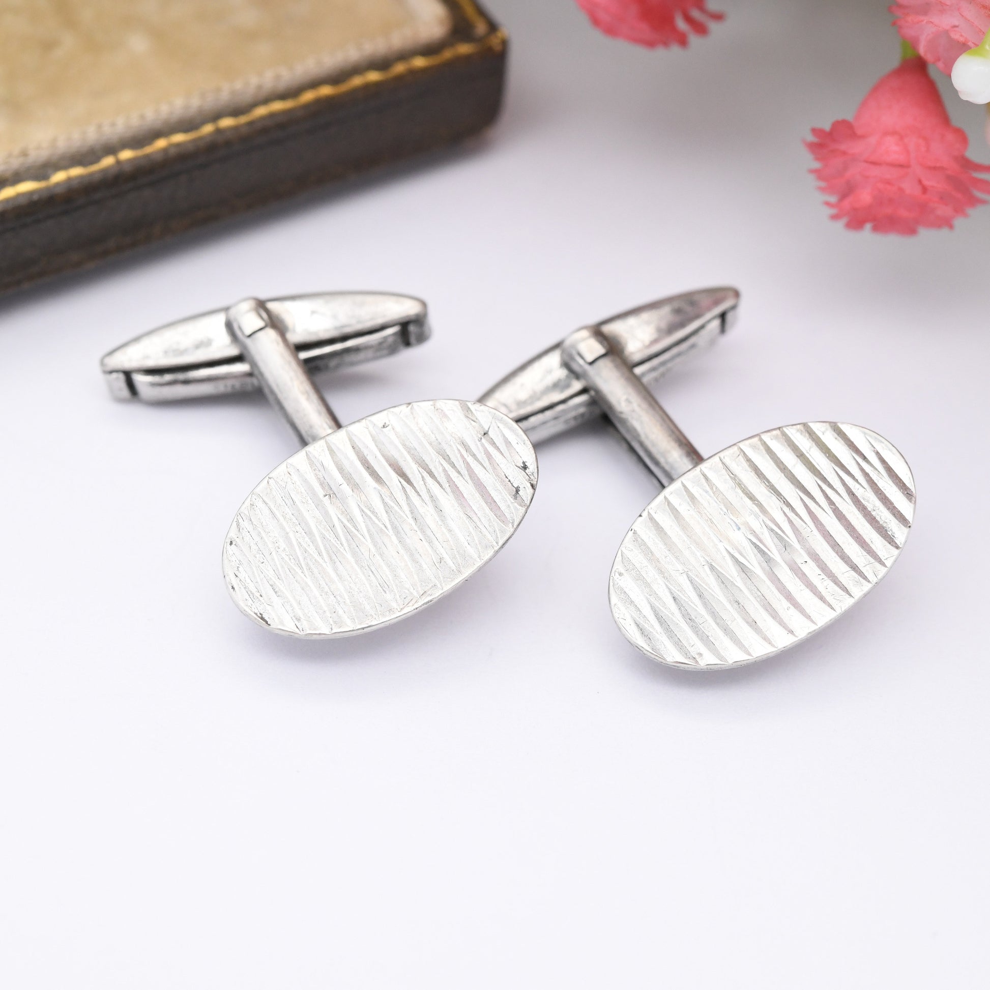 Vintage Sterling Silver Cufflinks 1964 by John Ashford & Son - Mid-Century Textured Silver | Diamond Cut Lines