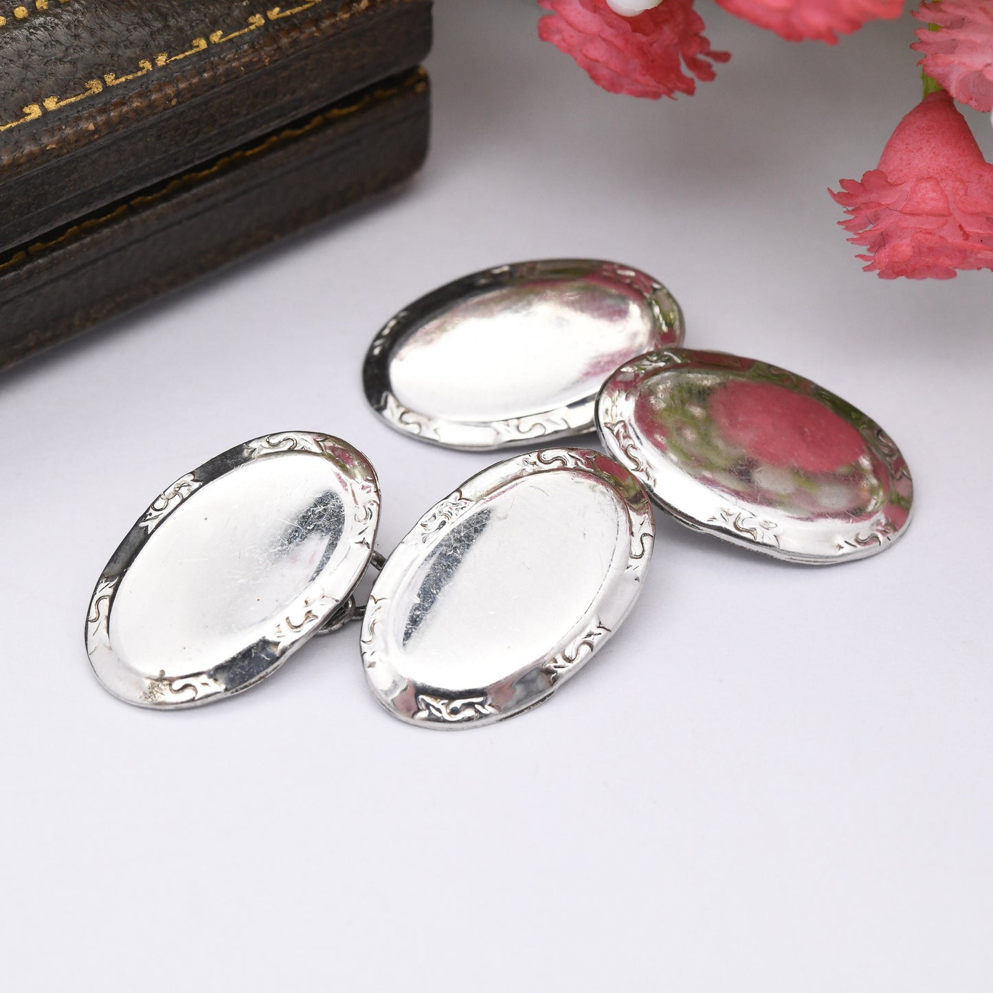 Vintage Sterling Silver Cufflinks 1984 by Joseph Smith & Sons - Mid-Century Textured Silver | Oval Border