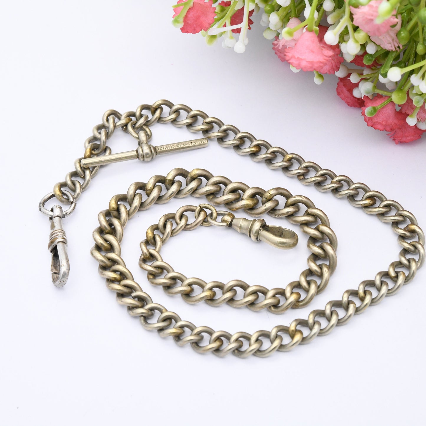 Antique Albert Chain with T-Bar and Dog Clip - Victorian Pocket Watch Chain | Silver Plated | Graduated Curb Link Necklace Conversion