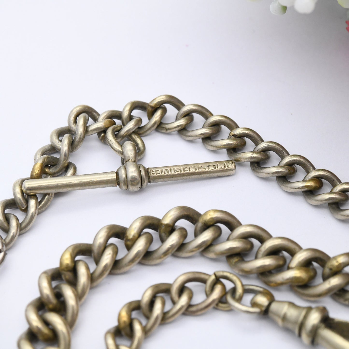 Antique Albert Chain with T-Bar and Dog Clip - Victorian Pocket Watch Chain | Silver Plated | Graduated Curb Link Necklace Conversion