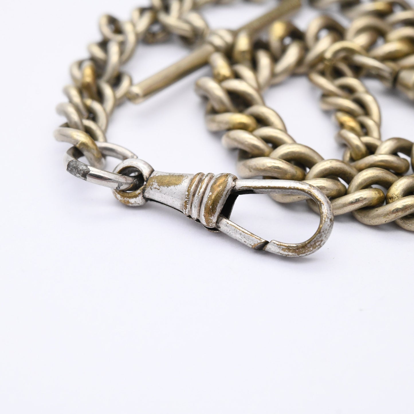 Antique Albert Chain with T-Bar and Dog Clip - Victorian Pocket Watch Chain | Silver Plated | Graduated Curb Link Necklace Conversion