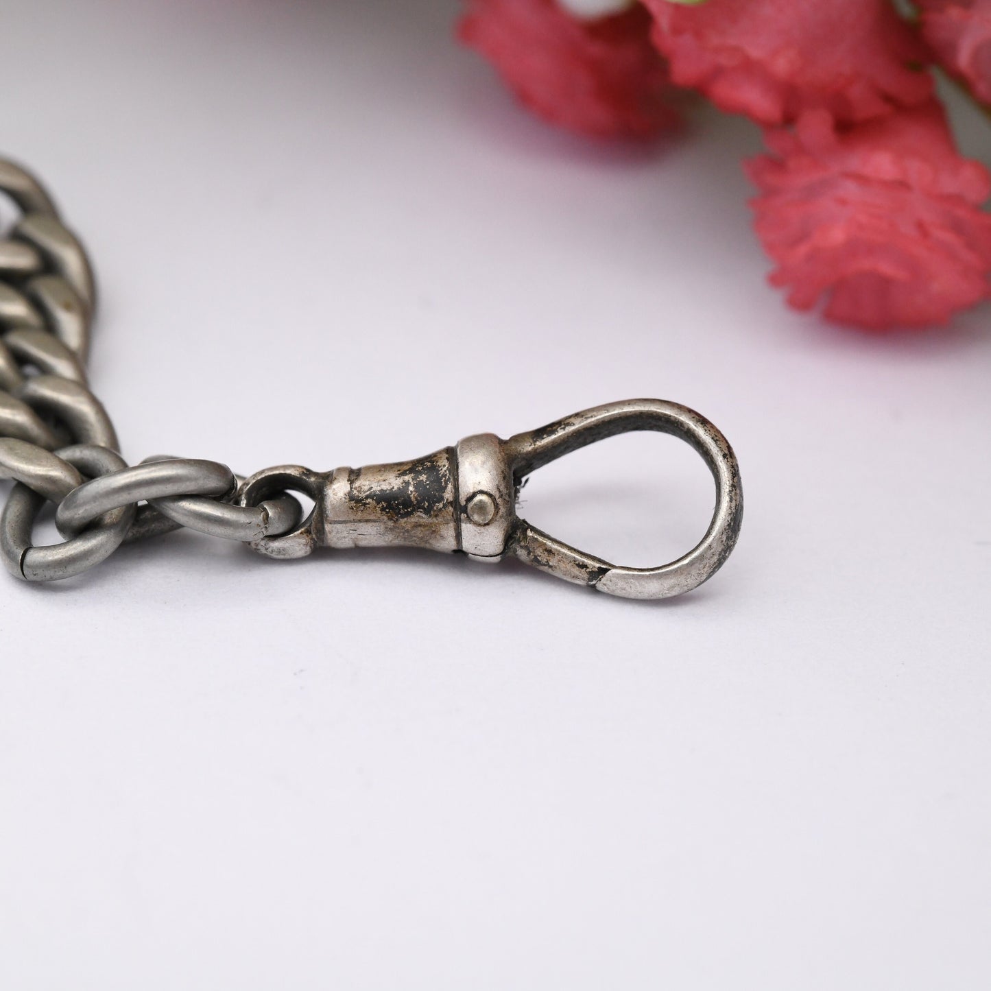 Antique Albert Chain with Oversized Spring Ring Clasp - Victorian Pocket Watch Chain | Silver Tone