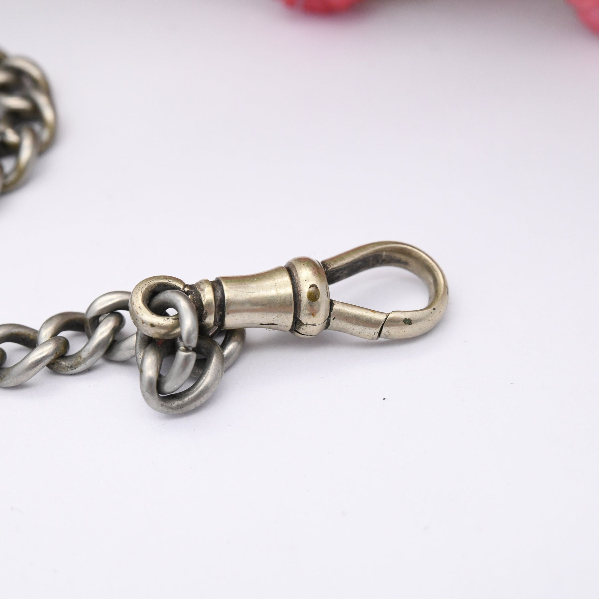 Antique Albert Chain with T-Bar and Dog Clip - Victorian Pocket Watch Chain | Silver Plated | Graduated Curb Link