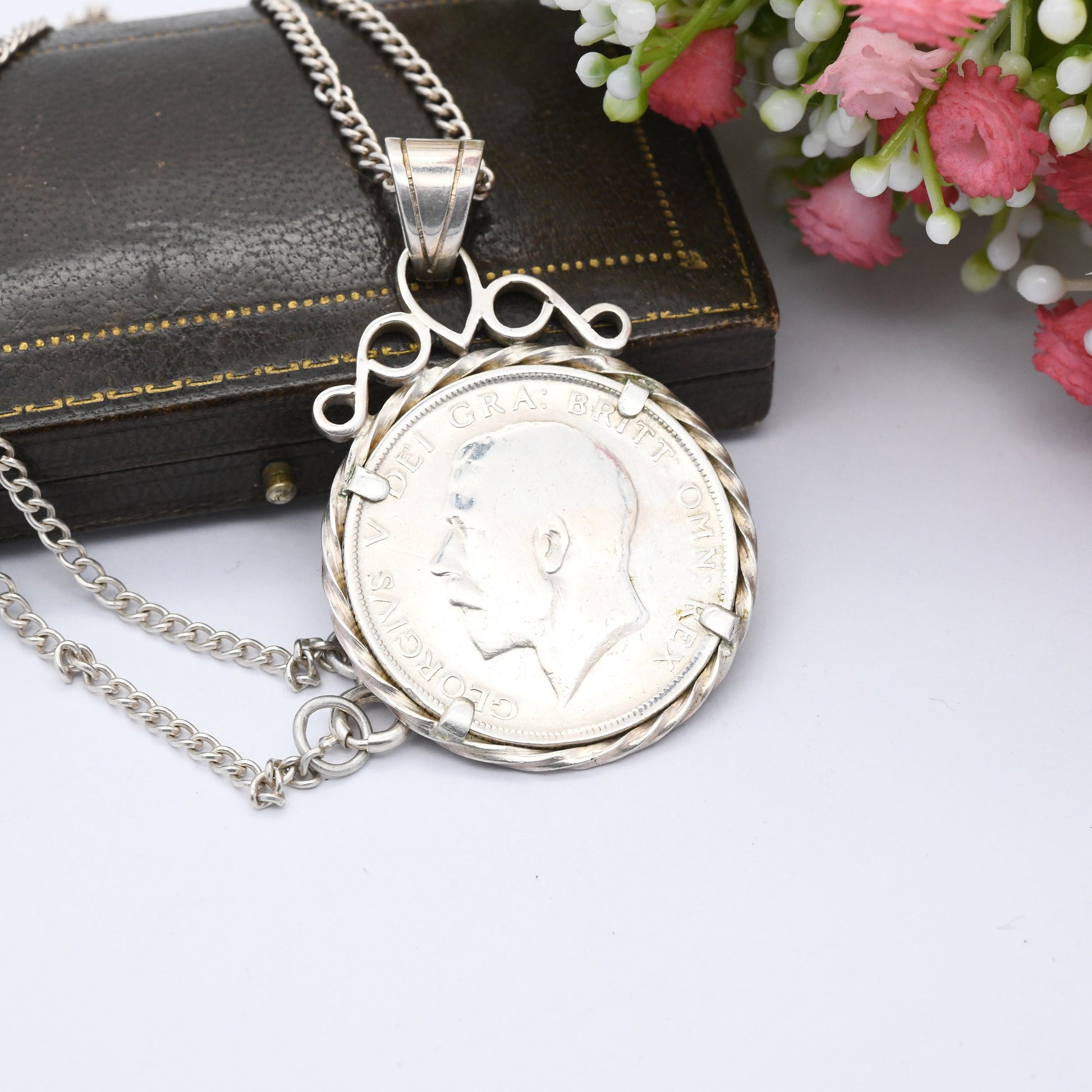 Antique Sterling Silver George V 1/2 Crown Coin Pendant Necklace 1914 - Chunky Coin Jewellery | Old UK Money