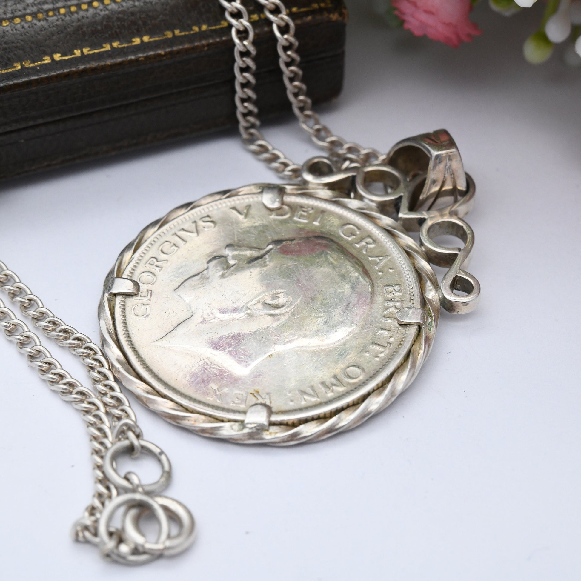 Antique Sterling Silver George V 1/2 Crown Coin Pendant Necklace 1914 - Chunky Coin Jewellery | Old UK Money