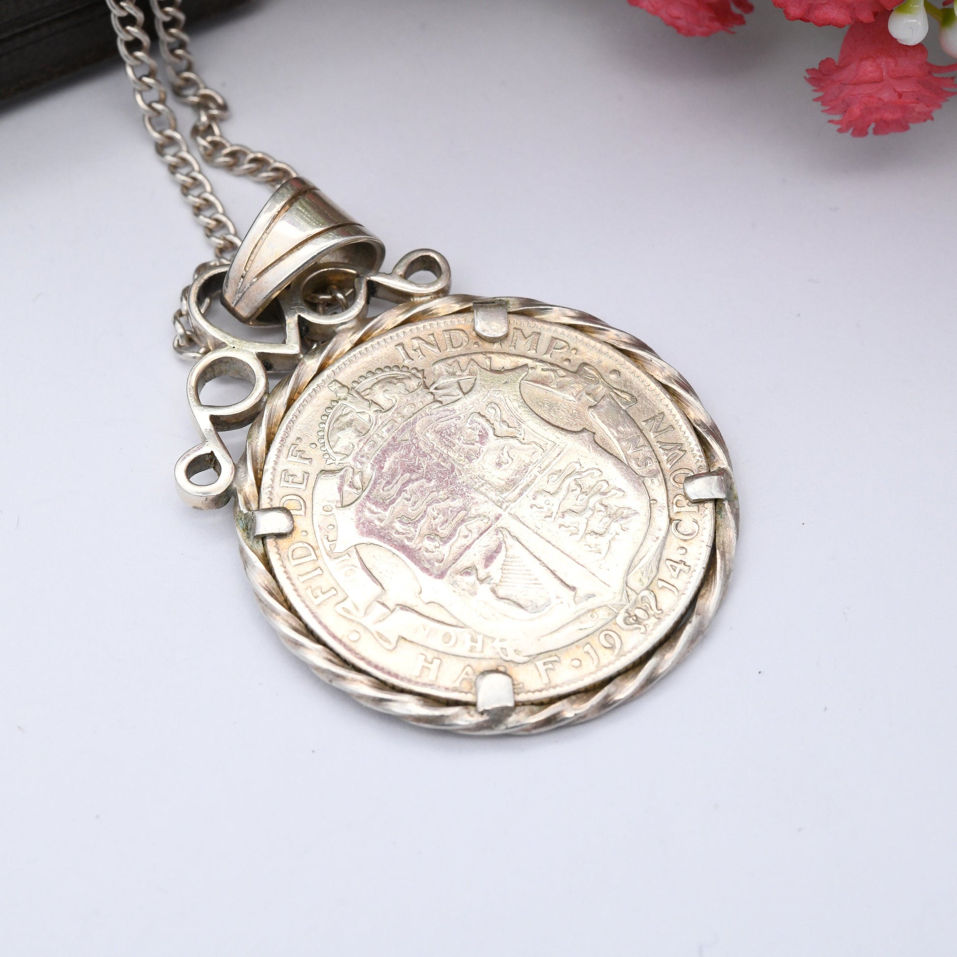 Antique Sterling Silver George V 1/2 Crown Coin Pendant Necklace 1914 - Chunky Coin Jewellery | Old UK Money