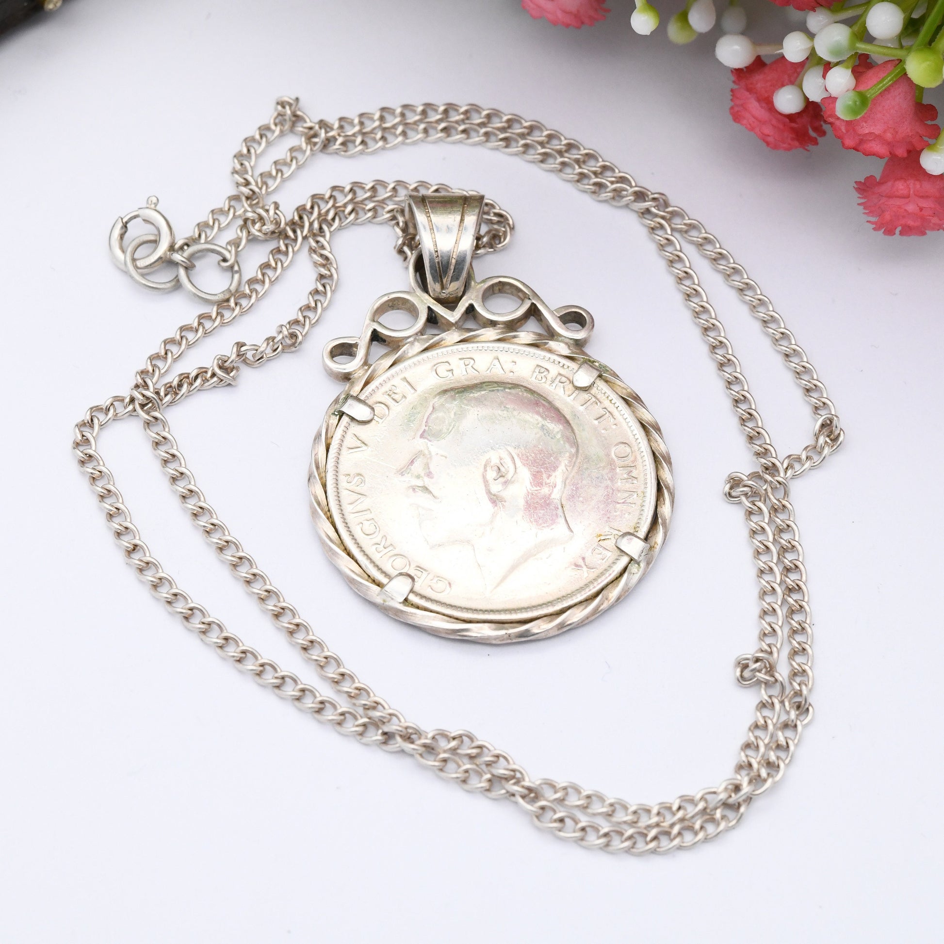 Antique Sterling Silver George V 1/2 Crown Coin Pendant Necklace 1914 - Chunky Coin Jewellery | Old UK Money