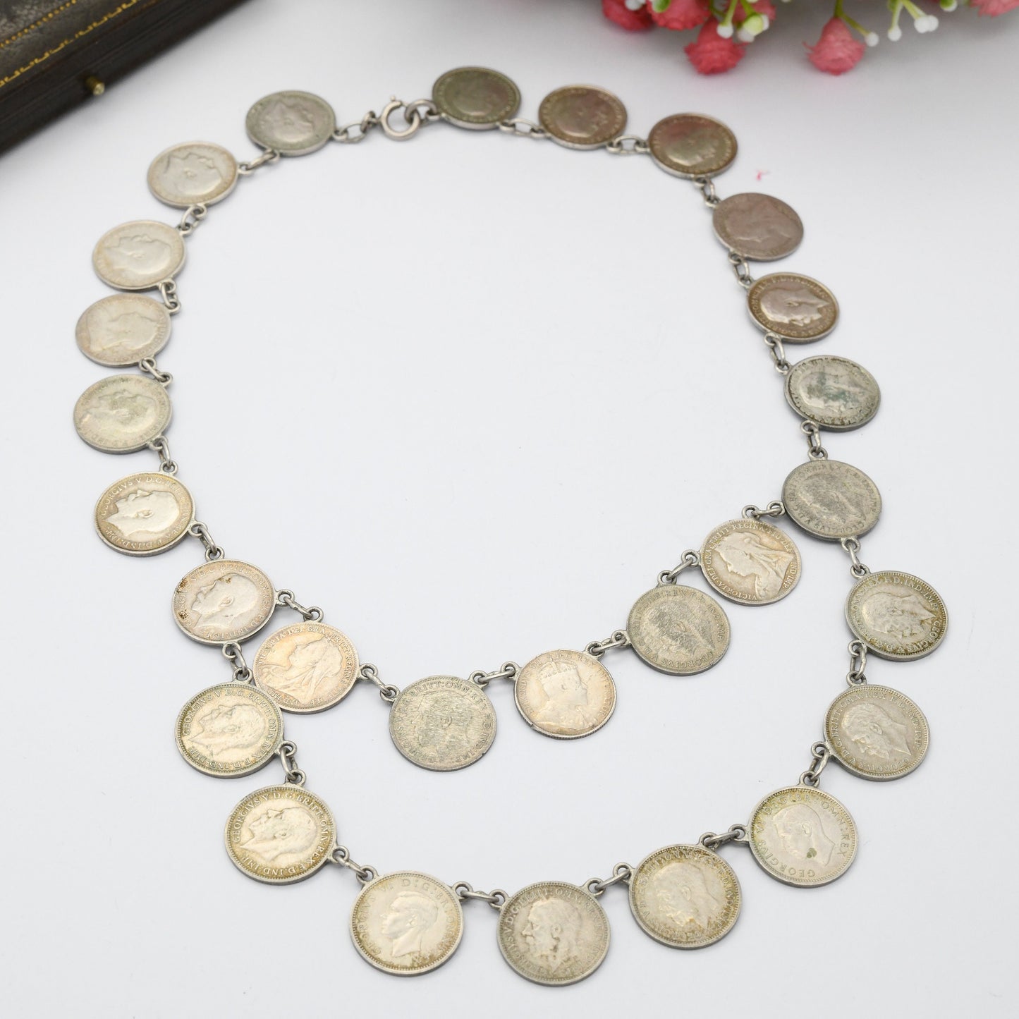 Antique Silver Threepence Coin Necklace - Queen Victoria King George V Coins 1896 - 1940 | Choker Length 38cm 15"