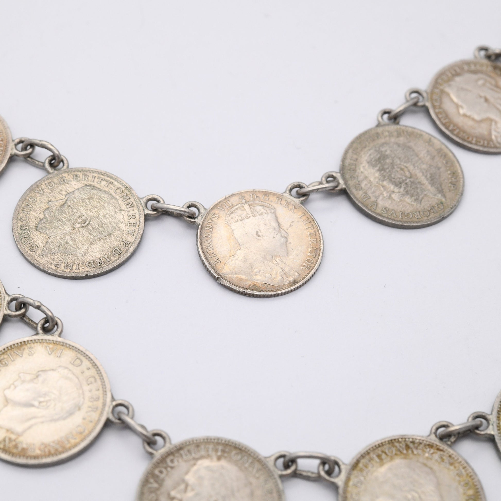 Antique Silver Threepence Coin Necklace - Queen Victoria King George V Coins 1896 - 1940 | Choker Length 38cm 15"