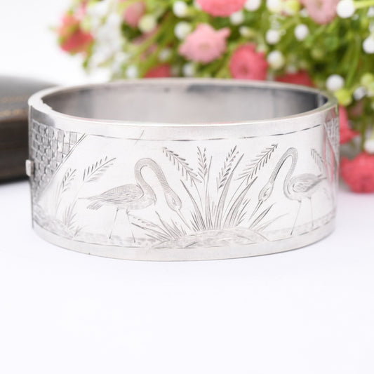 Antique Victorian Silver Aesthetic Bangle with Heron and Reed Design