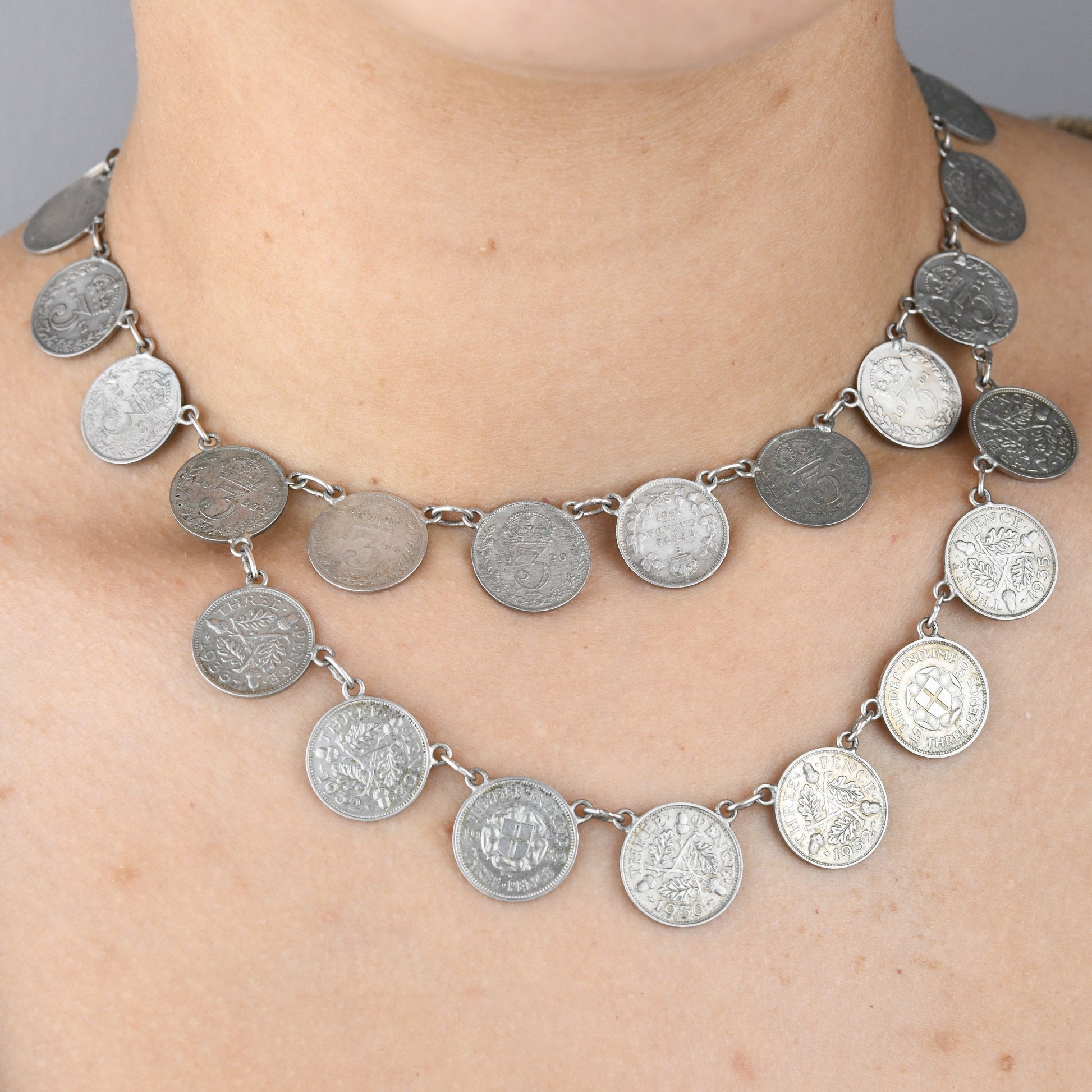 Antique Silver Threepence Coin Necklace - Queen Victoria King George V Coins 1896 - 1940 | Choker Length 38cm 15"