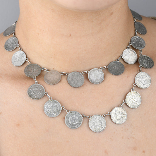 Antique Silver Threepence Coin Necklace - Queen Victoria King George V Coins 1896 - 1940 | Choker Length 38cm 15"