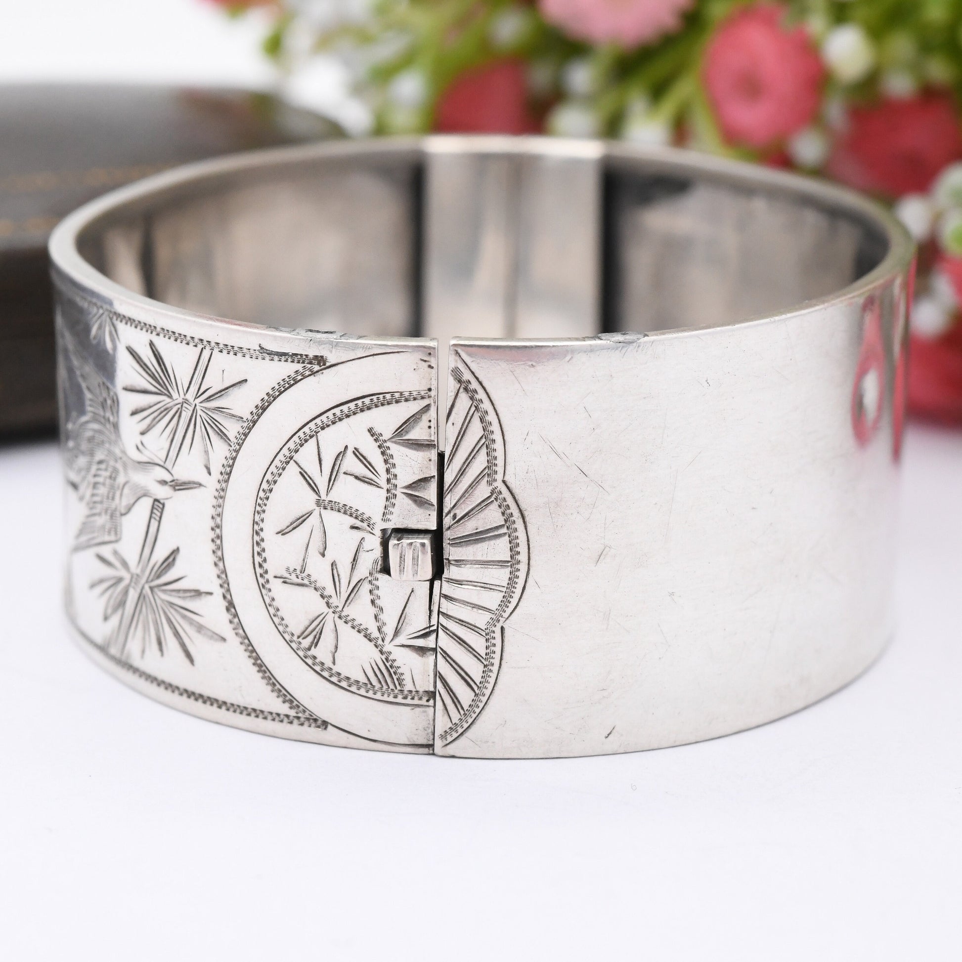 Antique Victorian Silver Aesthetic Bangle with Swallows and Reed Design - Hand Engraved