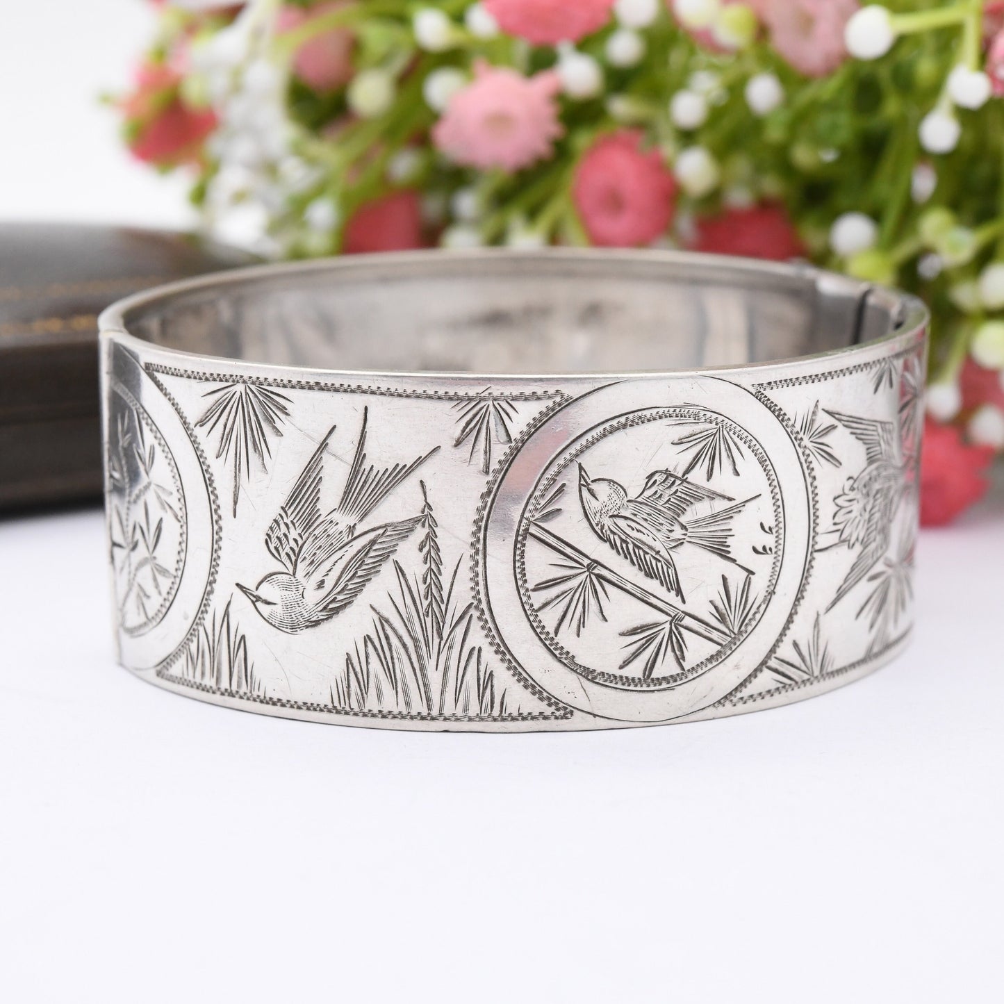 Antique Victorian Silver Aesthetic Bangle with Swallows and Reed Design - Hand Engraved