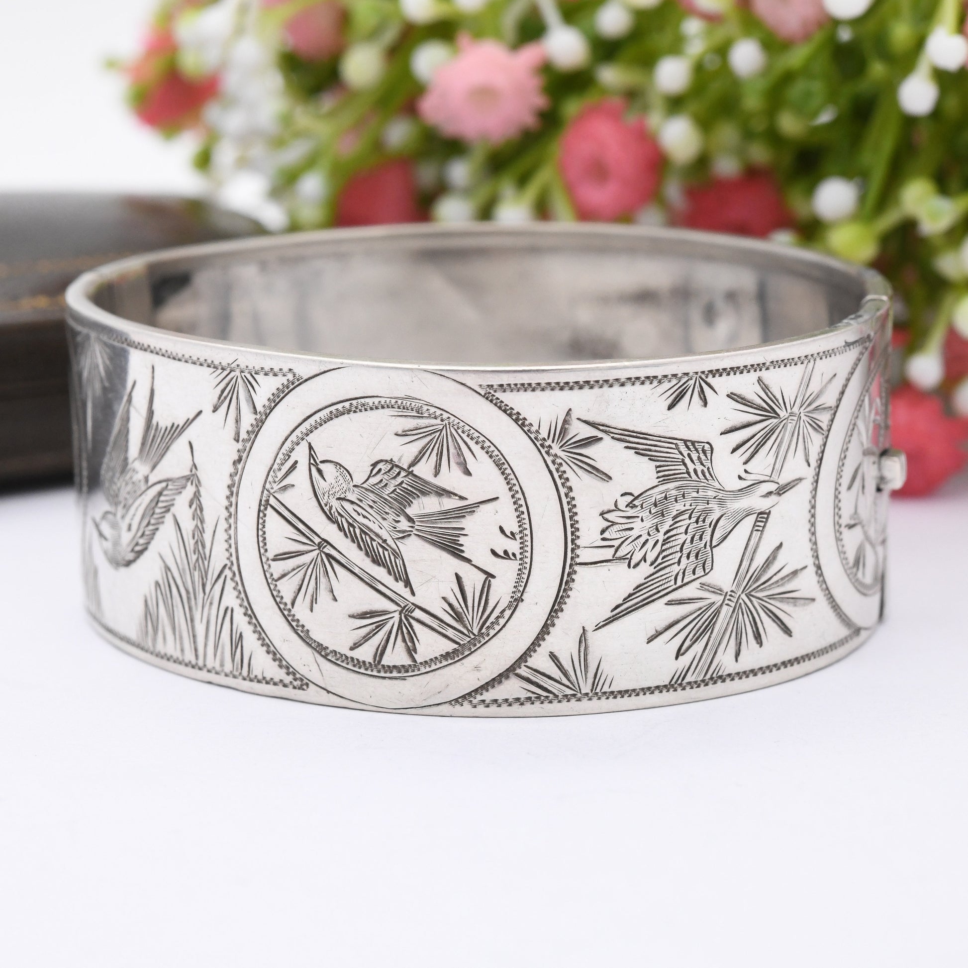 Antique Victorian Silver Aesthetic Bangle with Swallows and Reed Design - Hand Engraved