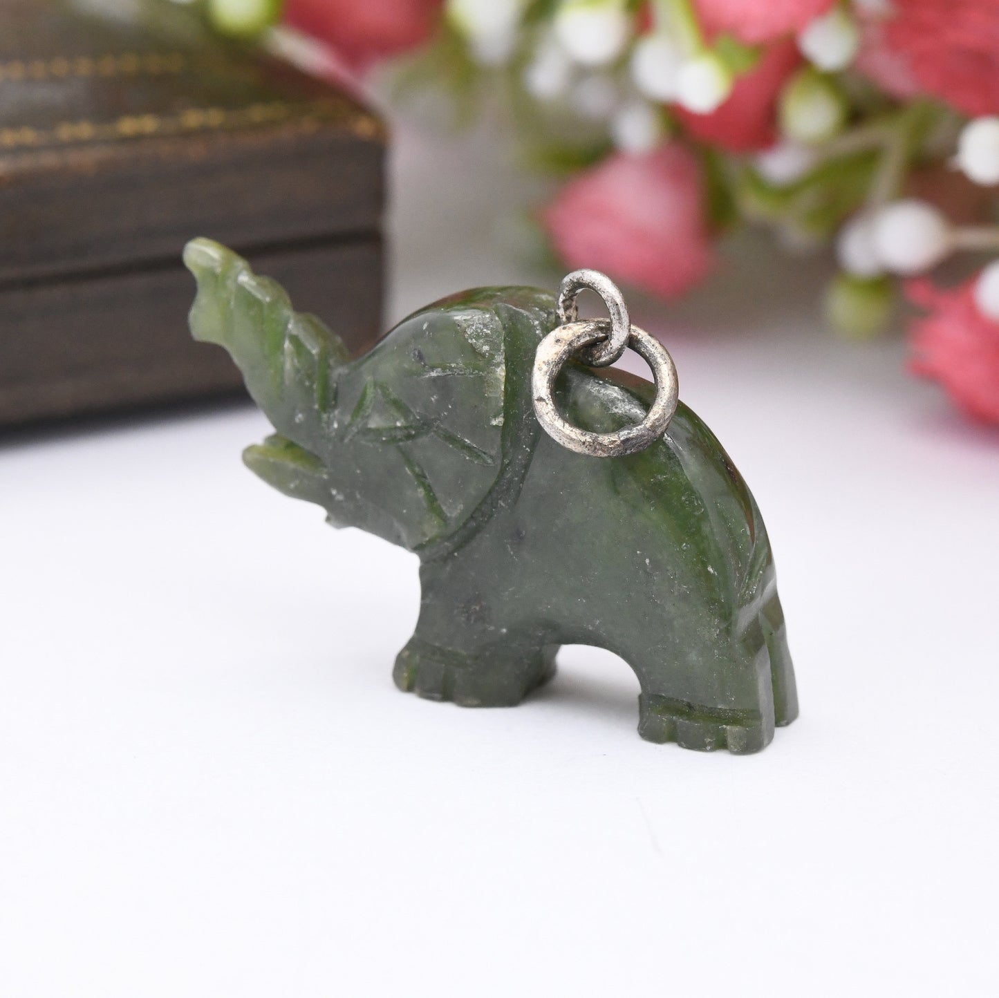 Vintage Engraved Jade Elephant Charm Pendant with 835 Silver Bale - Cute Animal | Nature Lover Gift | Charm Bracelet | Indian Elephant