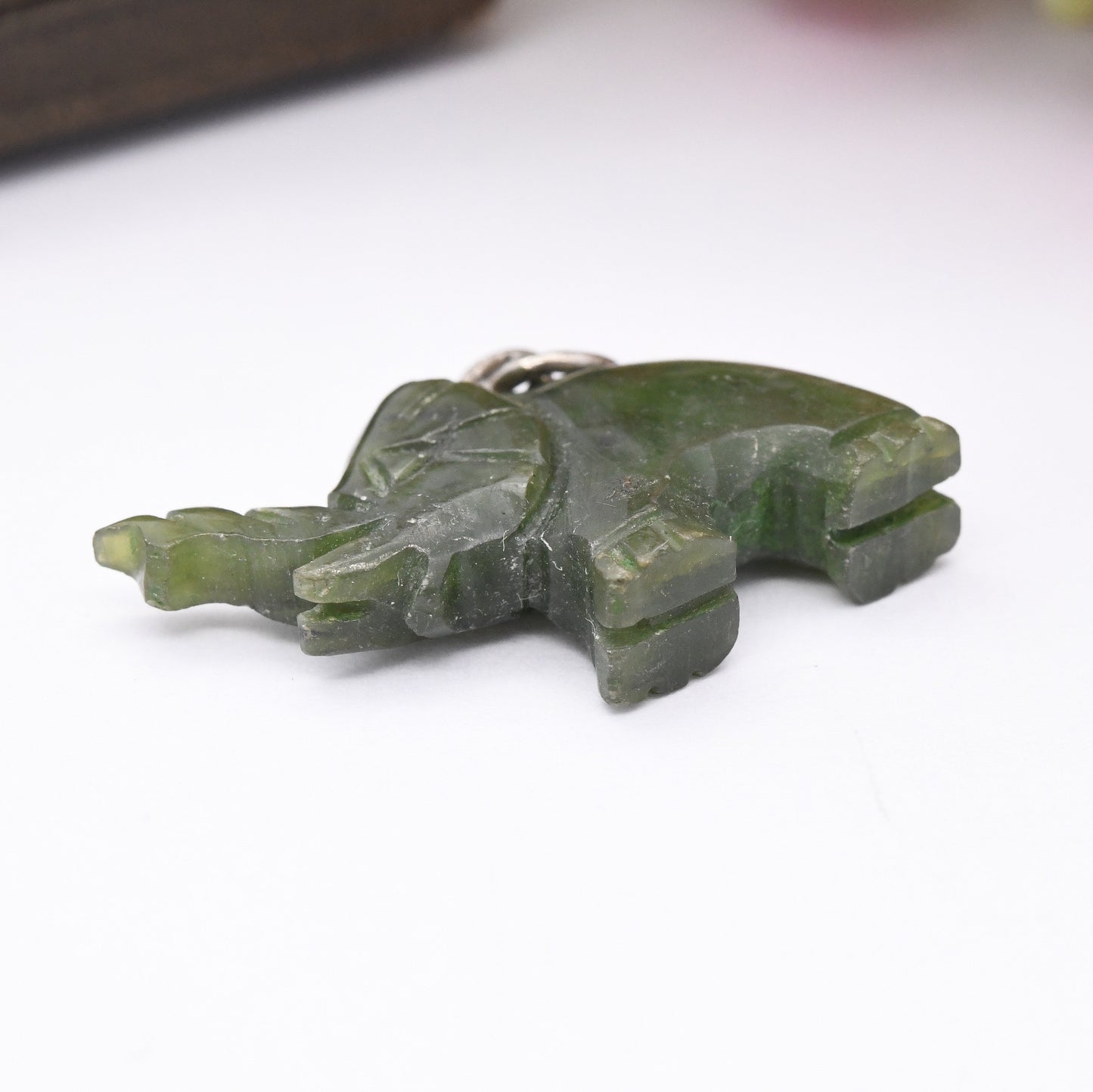 Vintage Engraved Jade Elephant Charm Pendant with 835 Silver Bale - Cute Animal | Nature Lover Gift | Charm Bracelet | Indian Elephant